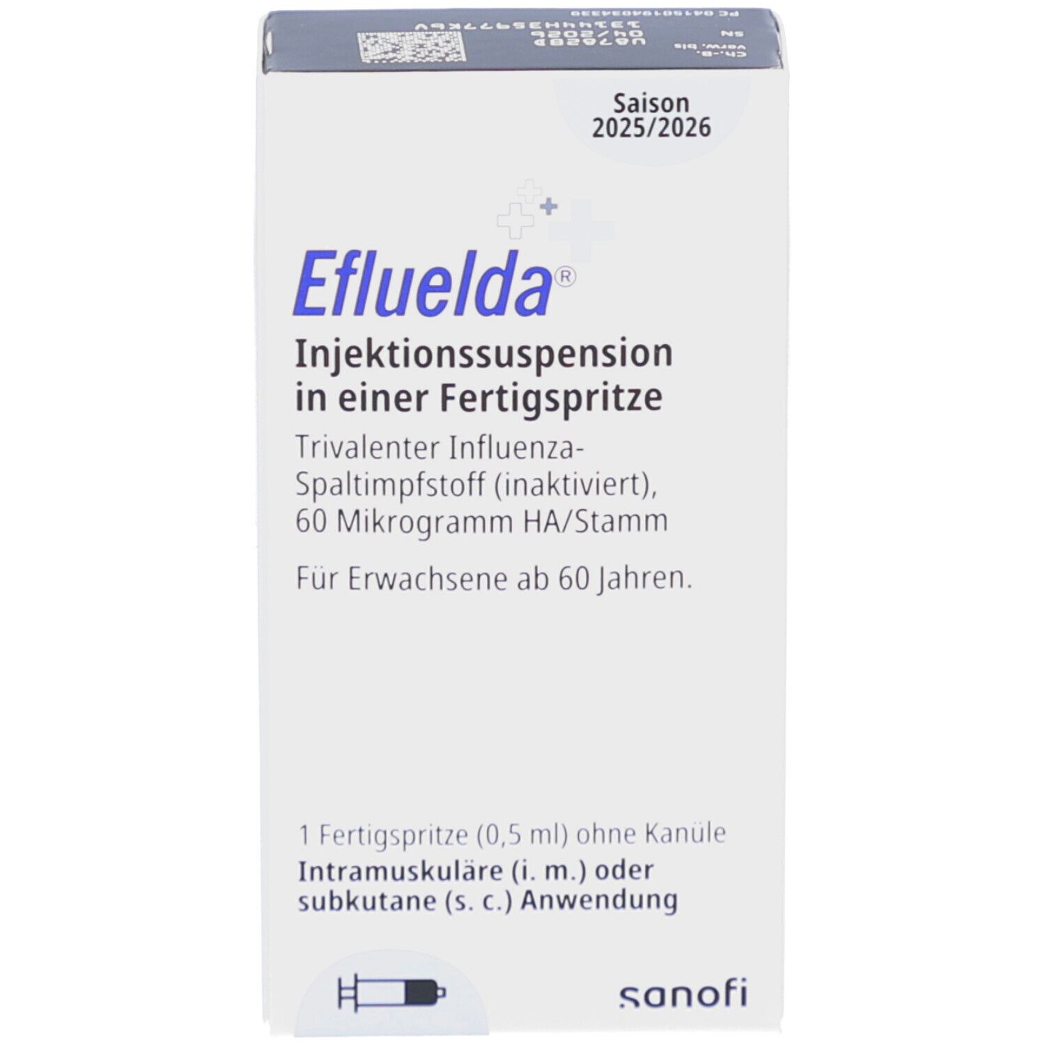 Weiße Schachtel 'Efluelda'. Enthält Injektionssuspension in Fertigspritze. Saison 2025/2026. Für Erwachsene ab 60 Jahren.