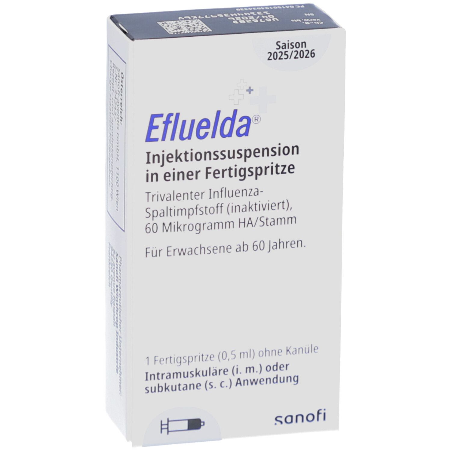 Weiße Schachtel 'Efluelda'. Enthält Injektionssuspension in Fertigspritze. Saison 2025/2026. Für Erwachsene ab 60 Jahren.
