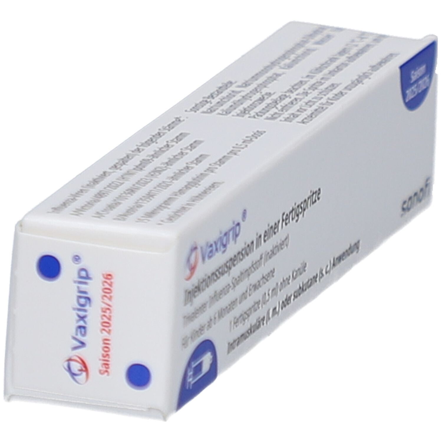 Karton von Vaxigrip. Aufschrift: Injektionssuspension, Saison 2025/2026. Enthält eine Fertigspritze. Sanofi Logo.