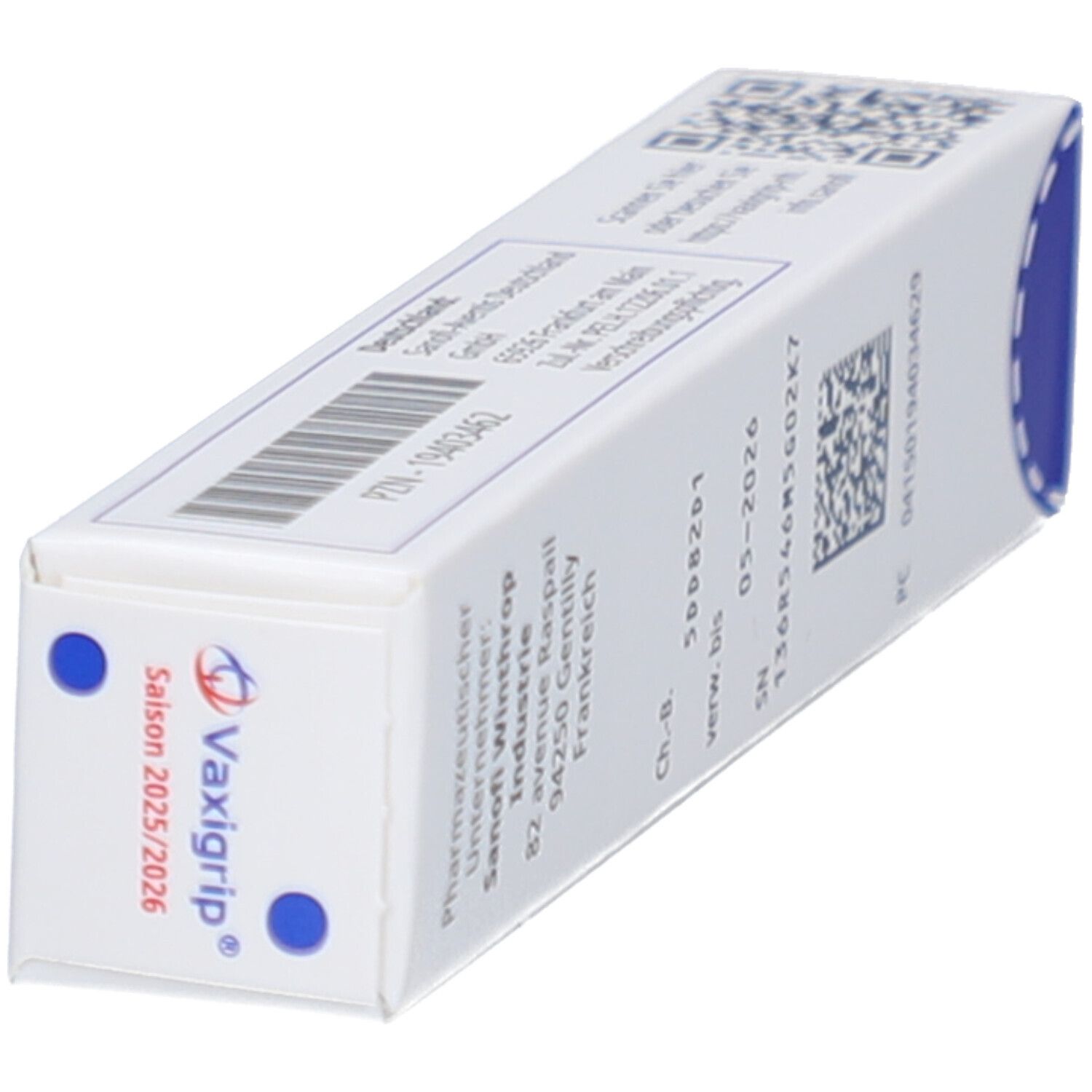 Karton von Vaxigrip. Aufschrift: Saison 2025/2026. Pharmazeutischer Unternehmer, Sanofi Winthrop Industrie. Chargen- und Verfallsdatum.