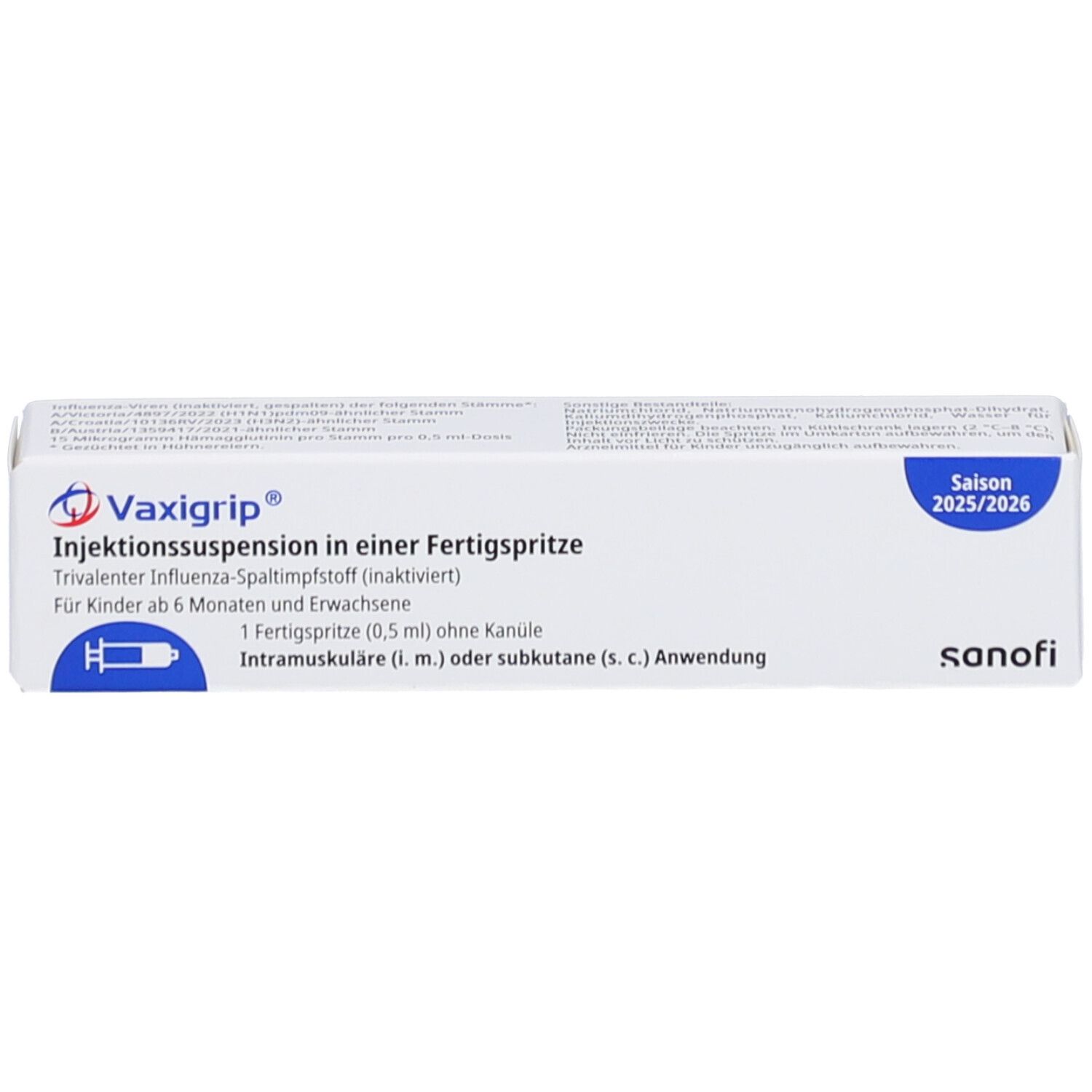 Karton von Vaxigrip. Aufschrift: Injektionssuspension, Saison 2025/2026, für Kinder ab 6 Monaten und Erwachsene. Enthält eine Fertigspritze.