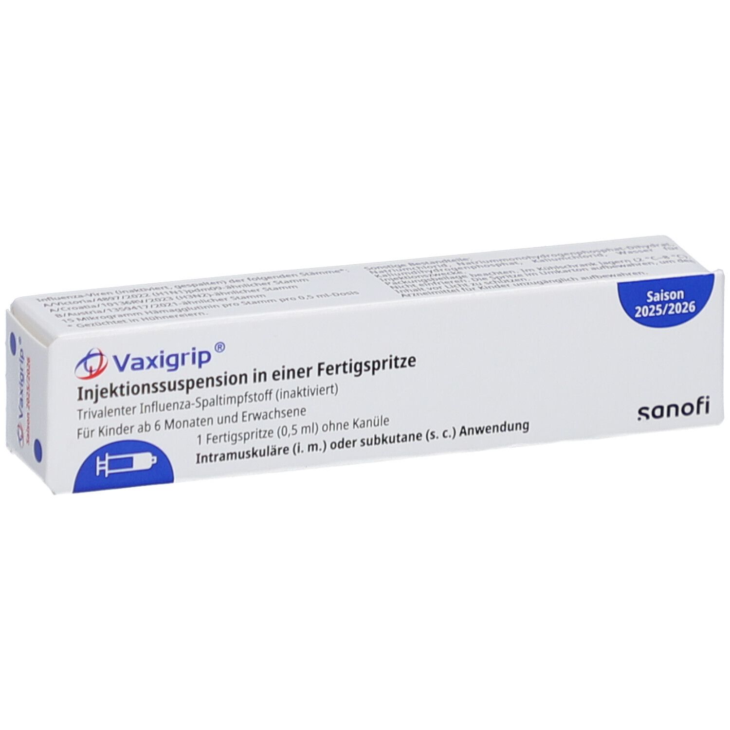 Karton von Vaxigrip. Aufschrift: Injektionssuspension, Saison 2025/2026, für Kinder ab 6 Monaten und Erwachsene. Enthält eine Fertigspritze.