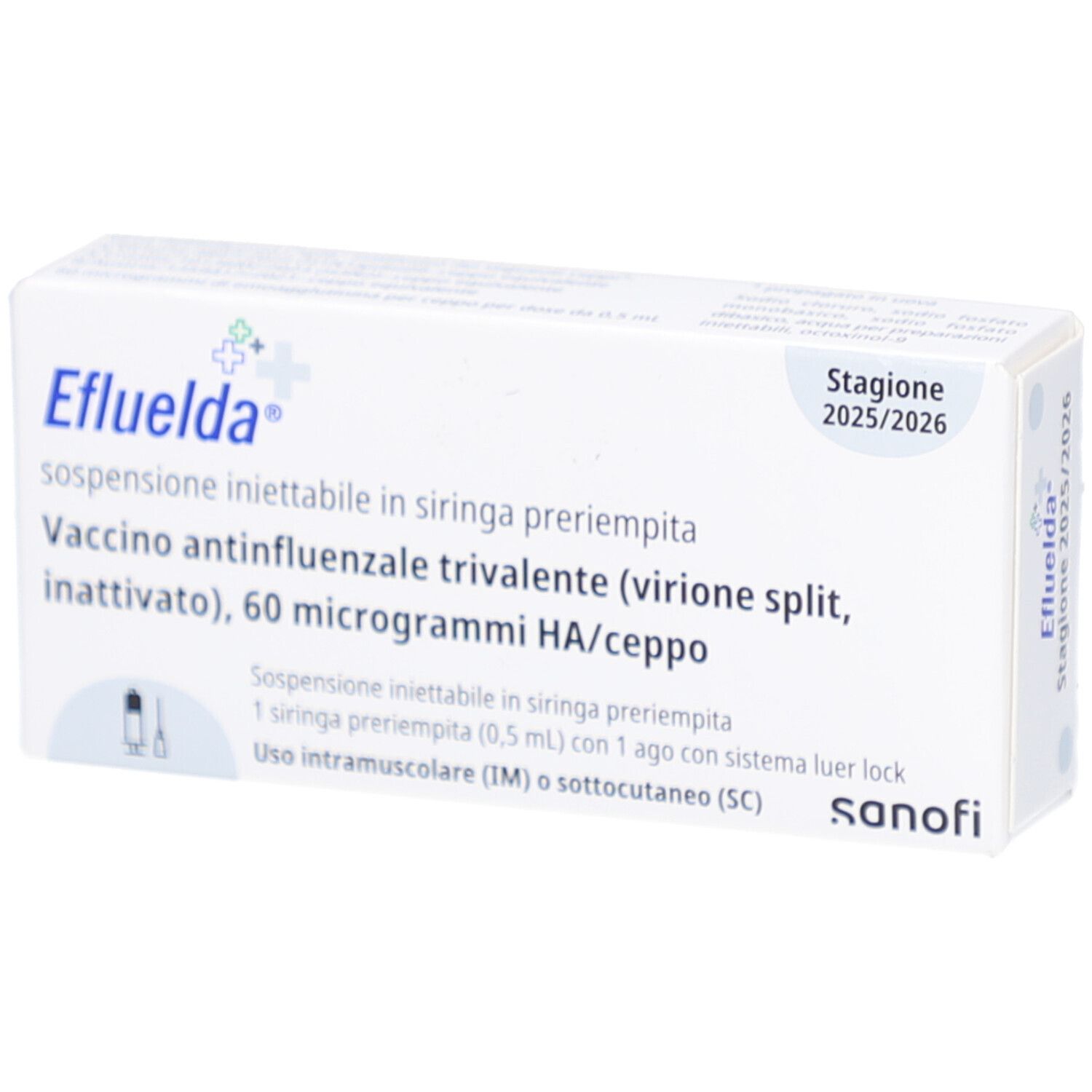Schachtel mit EFLUELDA, Injektionssuspension. Aufdrucke: Saison 2025/2026, Impfstoff, 60 Mikrogramm HA/Dosis, Sanofi.