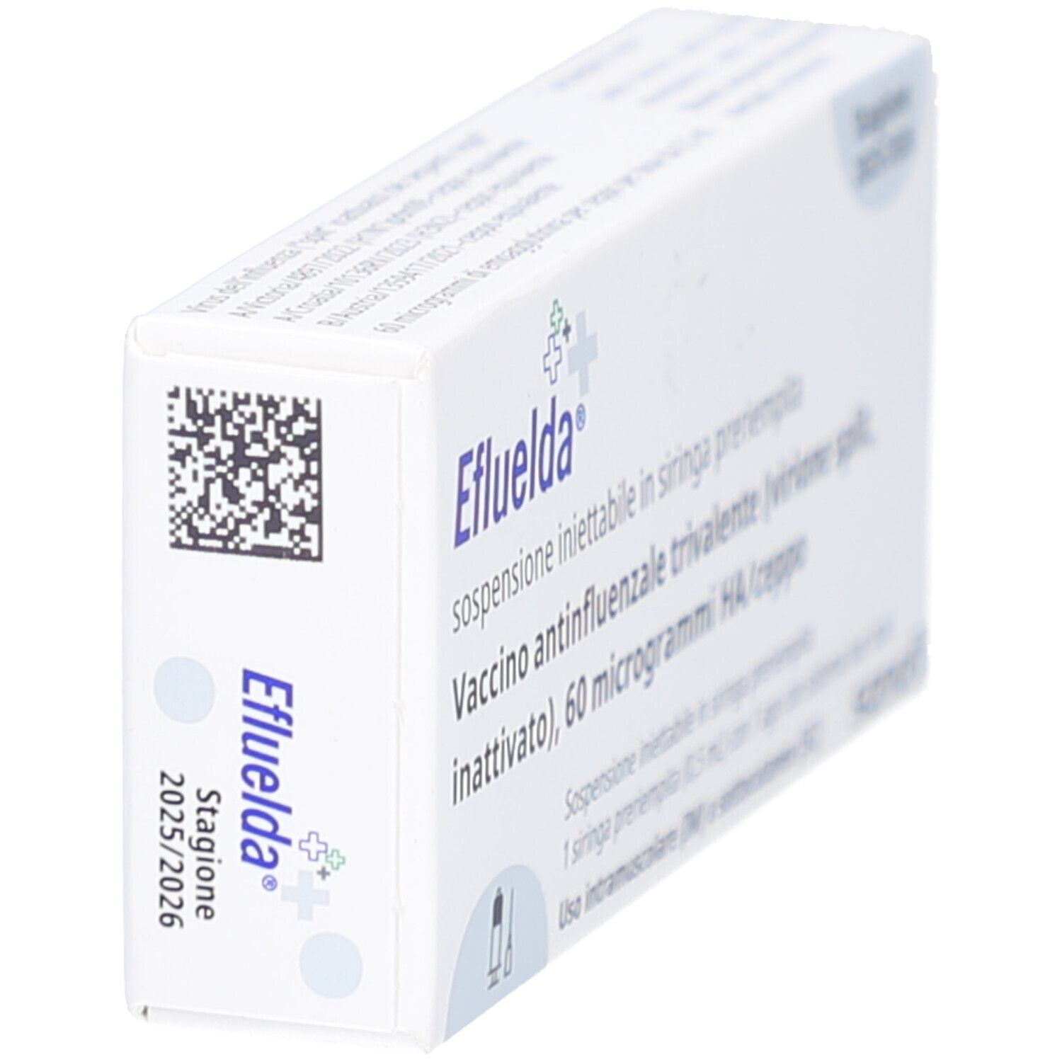 Eckansicht der EFLUELDA-Schachtel. Aufdrucke: Saison 2025/2026, Impfstoff, Barcode, Sanofi.