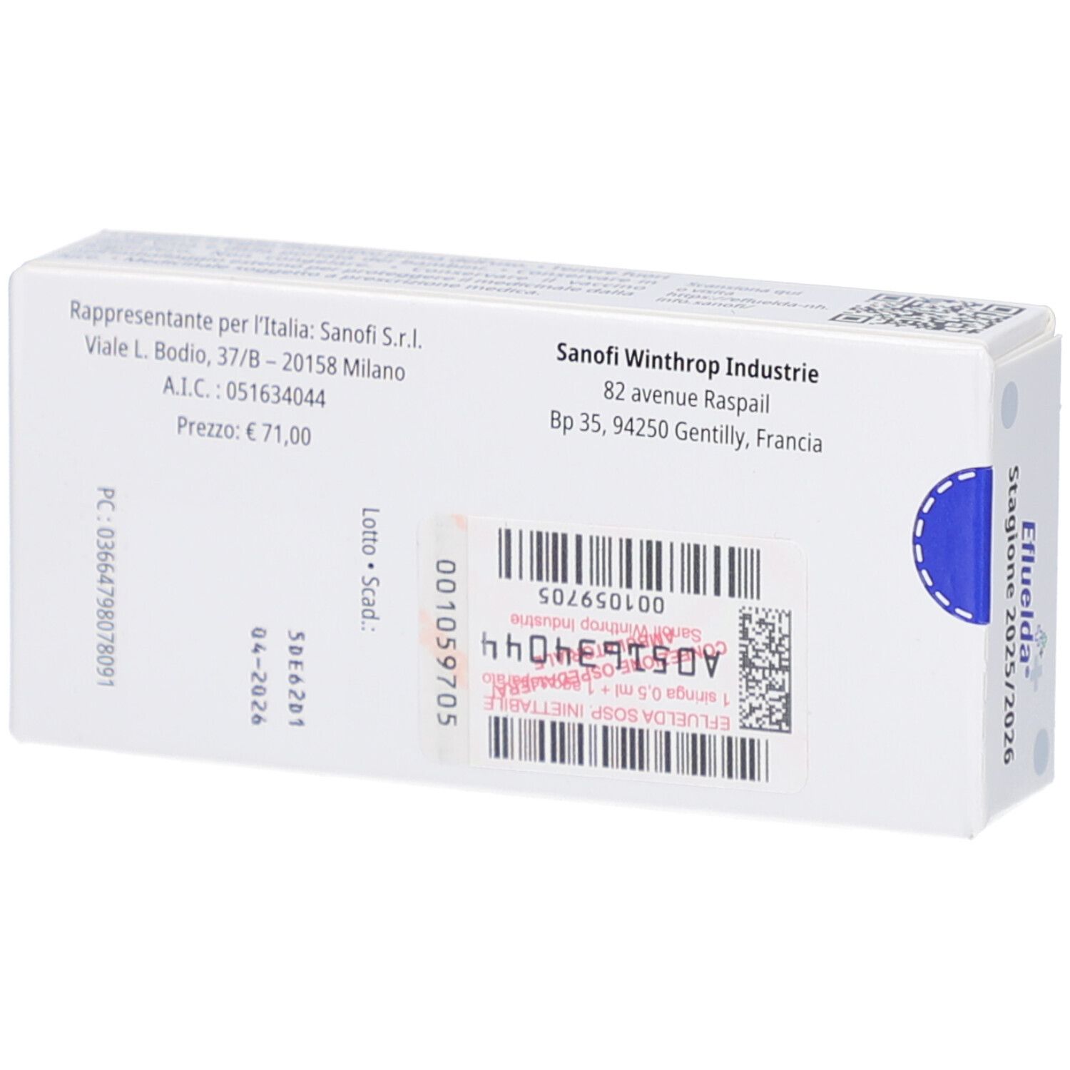 Rückseite der EFLUELDA-Schachtel. Aufdrucke: Chargennummer, Preis, Herstelleradresse, Sanofi.
