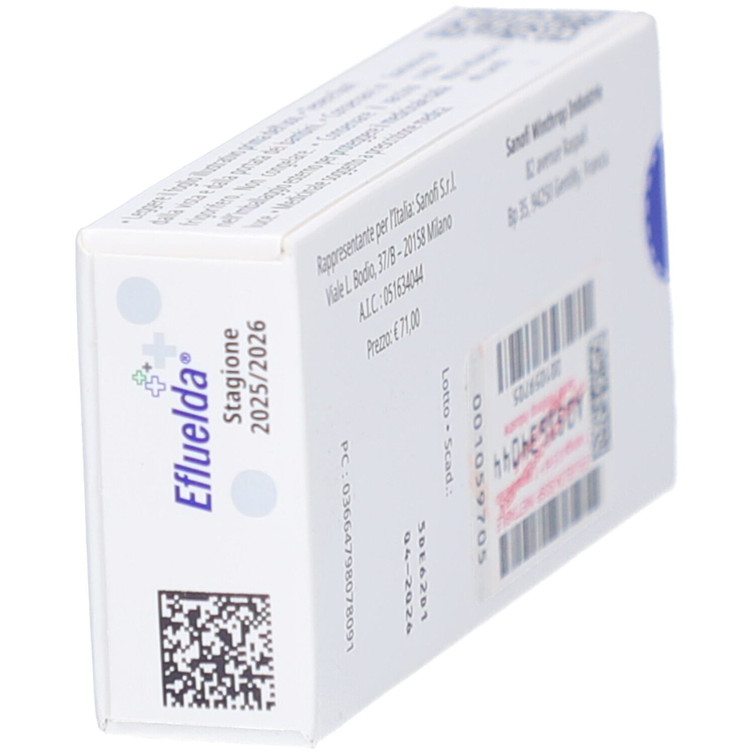 Eckansicht der EFLUELDA-Schachtel. Aufdrucke: Chargennummer, Preis, Herstelleradresse, Sanofi.