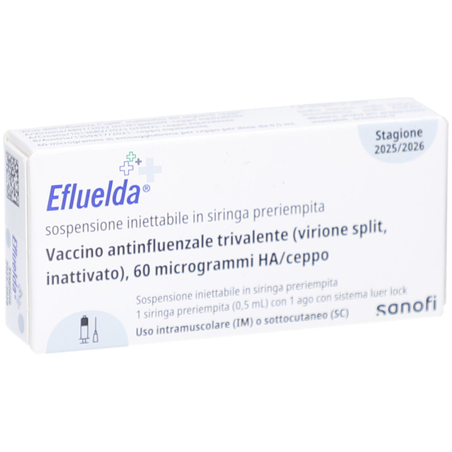 EFLUELDA-Schachtel. Aufdrucke: Saison 2025/2026, Impfstoff, 60 Mikrogramm HA/Dosis, Sanofi.