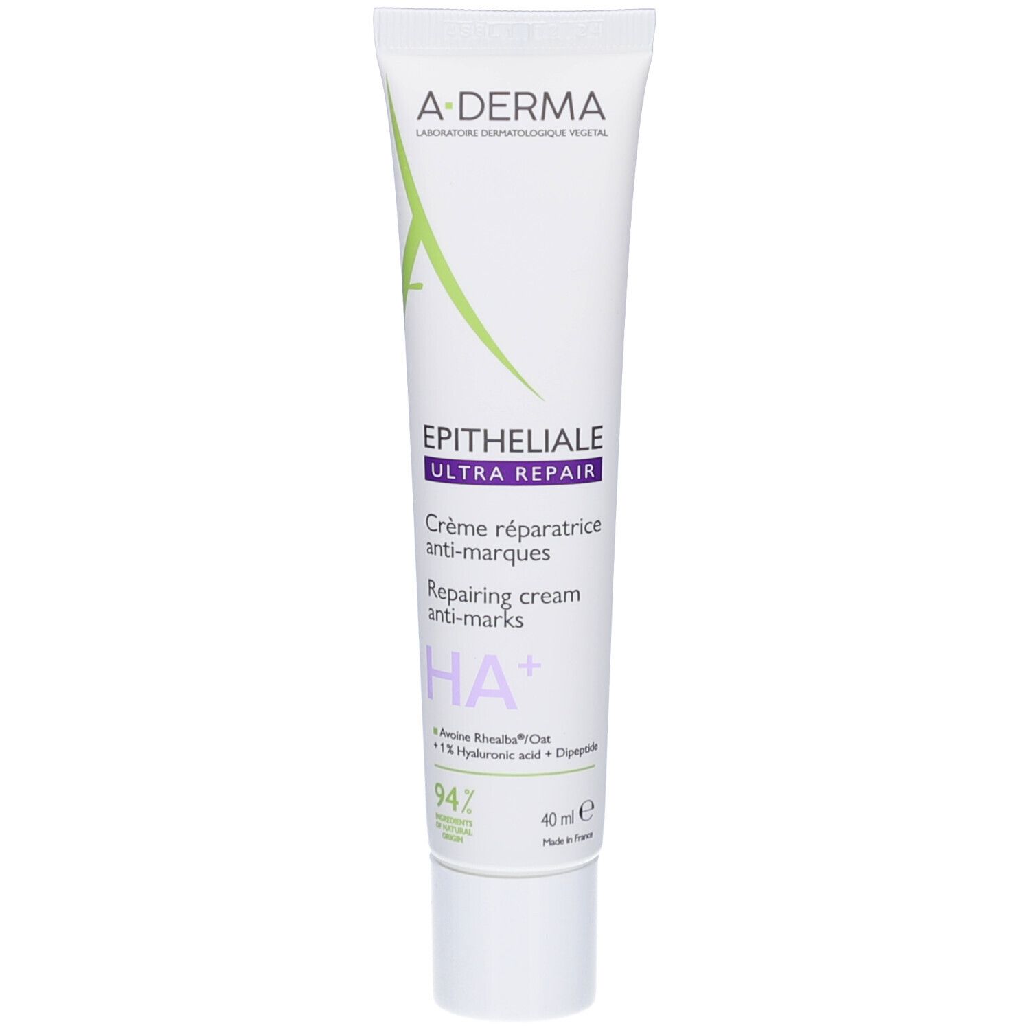 A-DERMA Epitheliale A.H Ultra Repair Creme. Weiße Tube mit grünem Logo und Text. 40 ml.