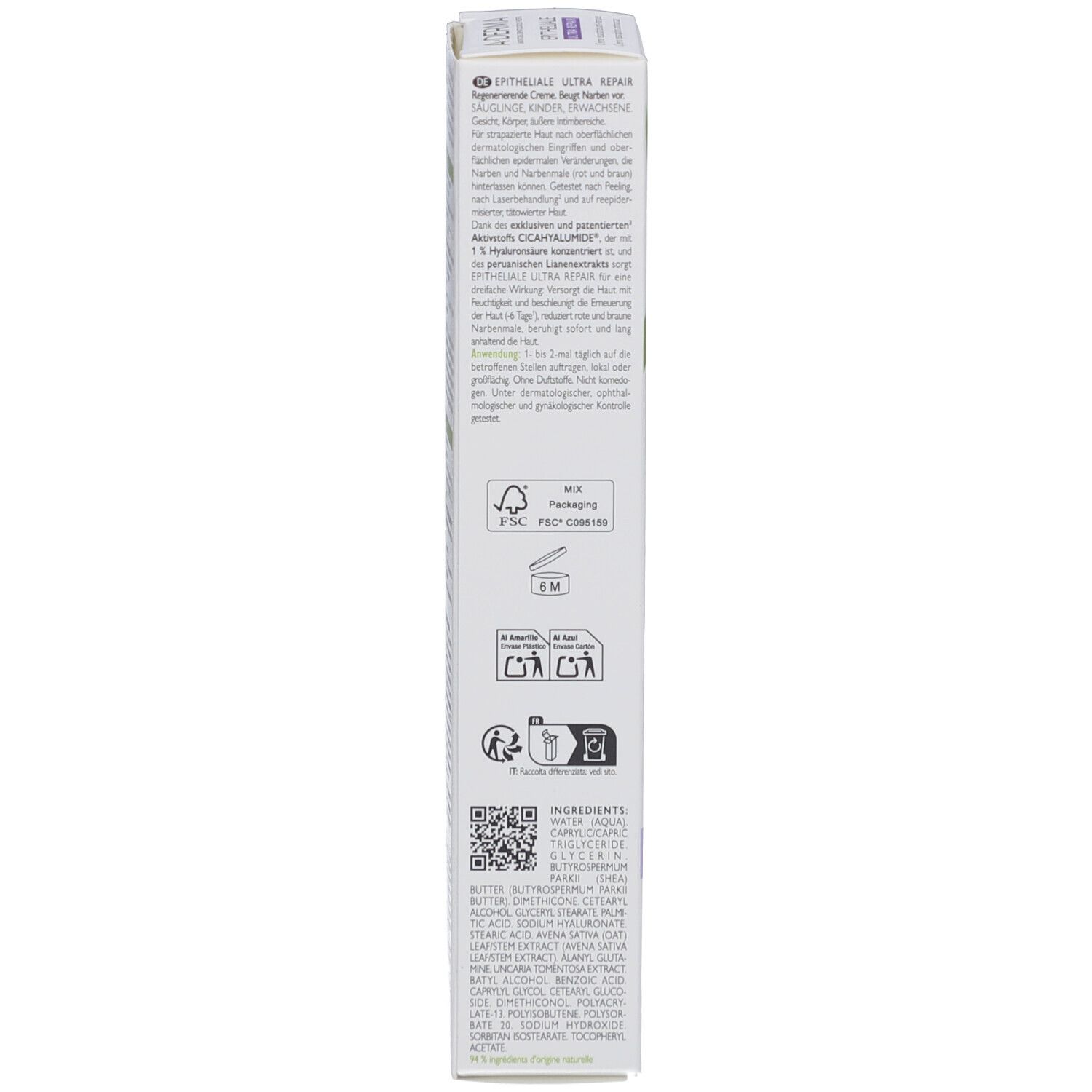 A-DERMA Epitheliale A.H Ultra Repair Verpackung. Rückseite mit Text und Symbolen.