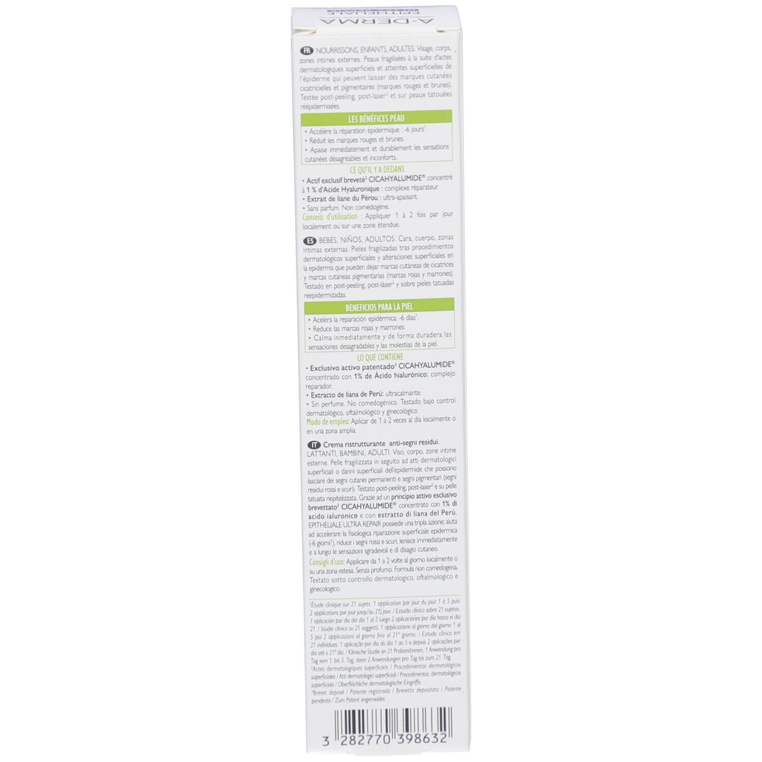 A-DERMA Epitheliale A.H Ultra Repair Verpackung. Seite mit Text in mehreren Sprachen.