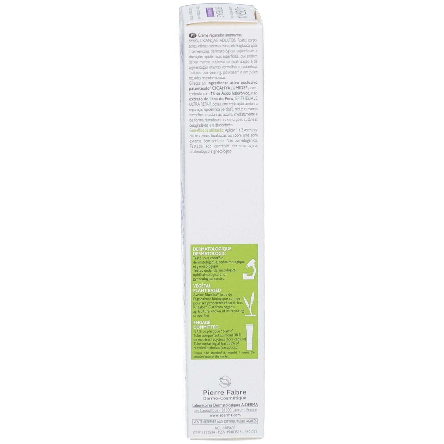 A-DERMA Epitheliale A.H Ultra Repair Verpackung. Seite mit Text und Logos.