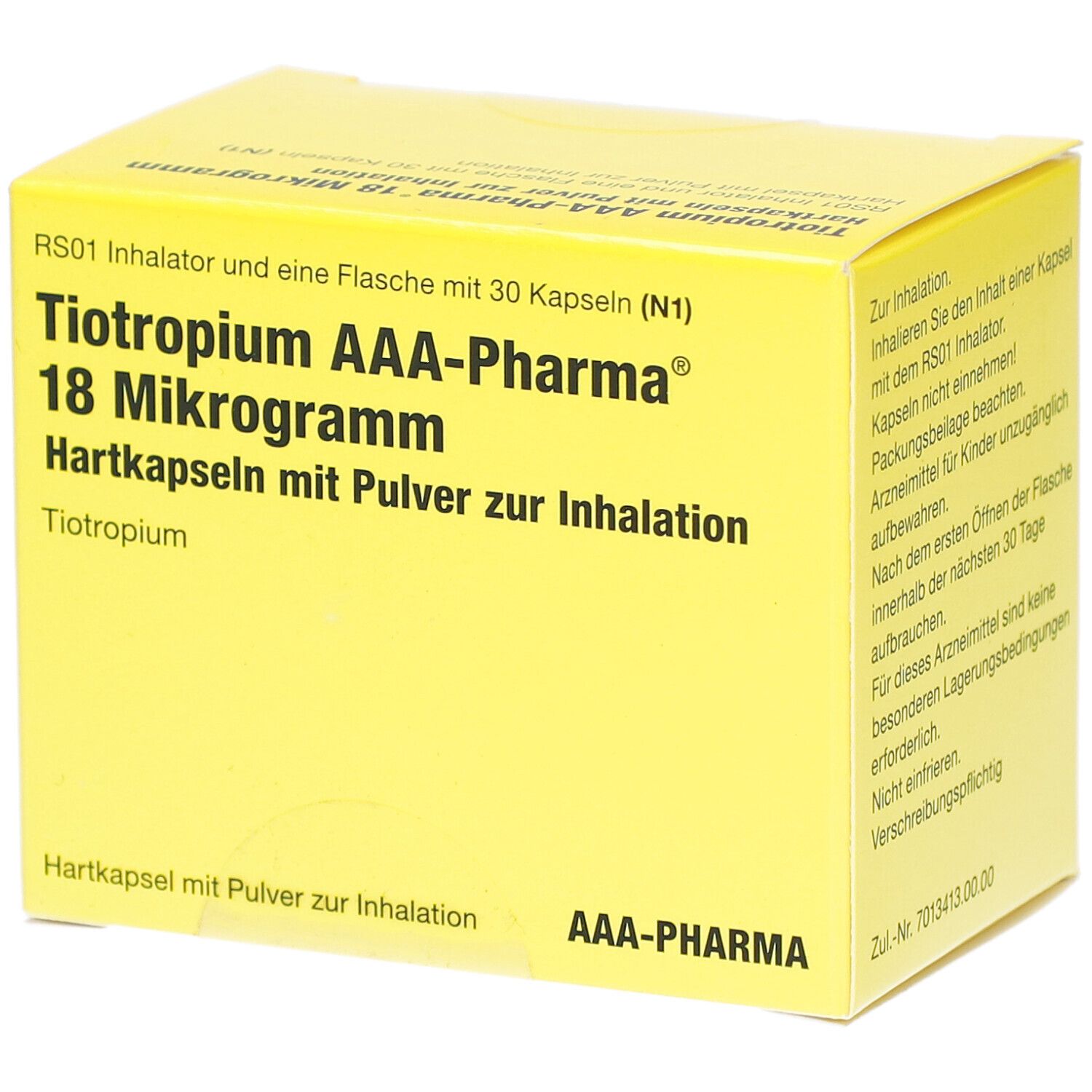 Gelbe Schachtel mit Aufschrift TIOTROPIUM AAA-Pharma 18 Mikrogramm. Enthält Inhalator und 30 Kapseln. Text in Deutsch.