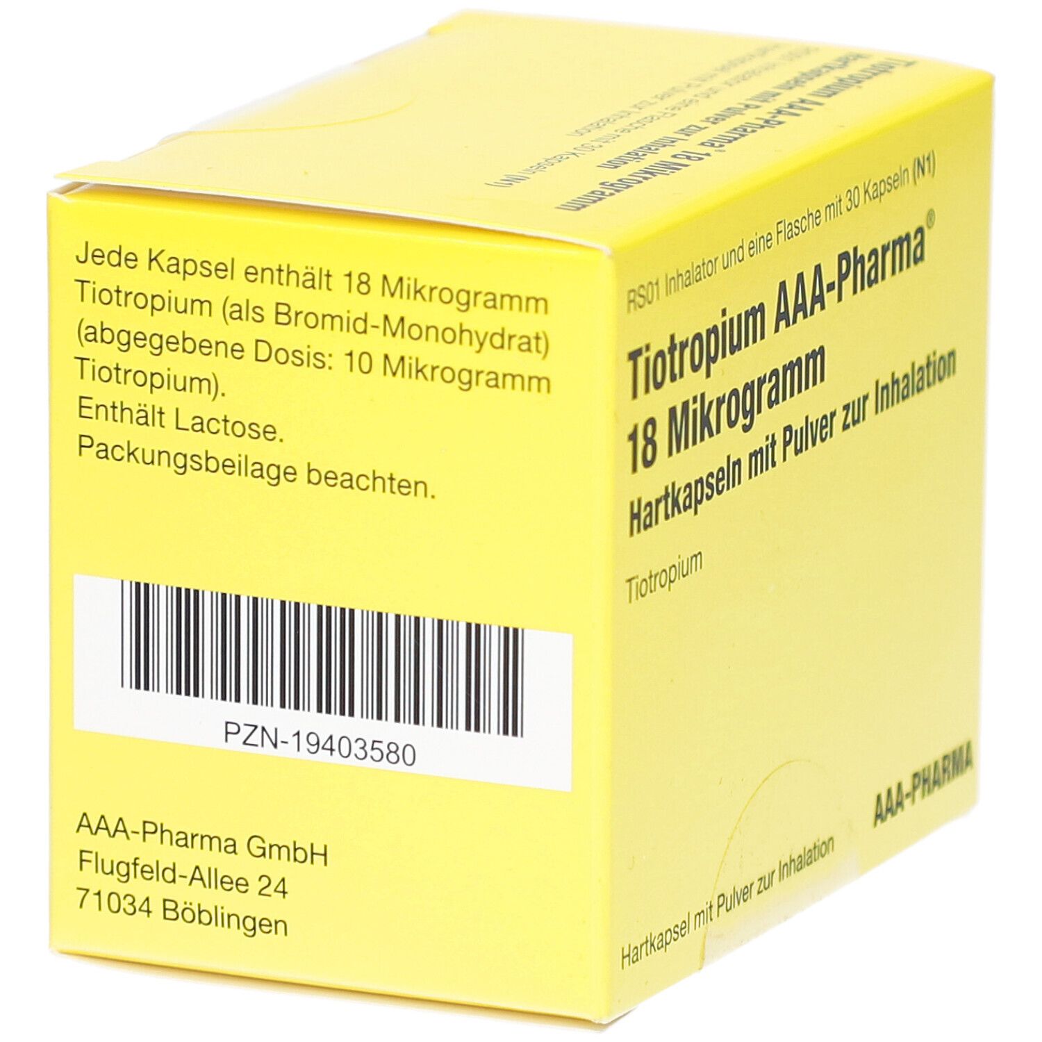 Gelbe Schachtel mit Text: TIOTROPIUM AAA-Pharma 18 Mikrogramm. Barcode und weitere Informationen. Text in Deutsch.