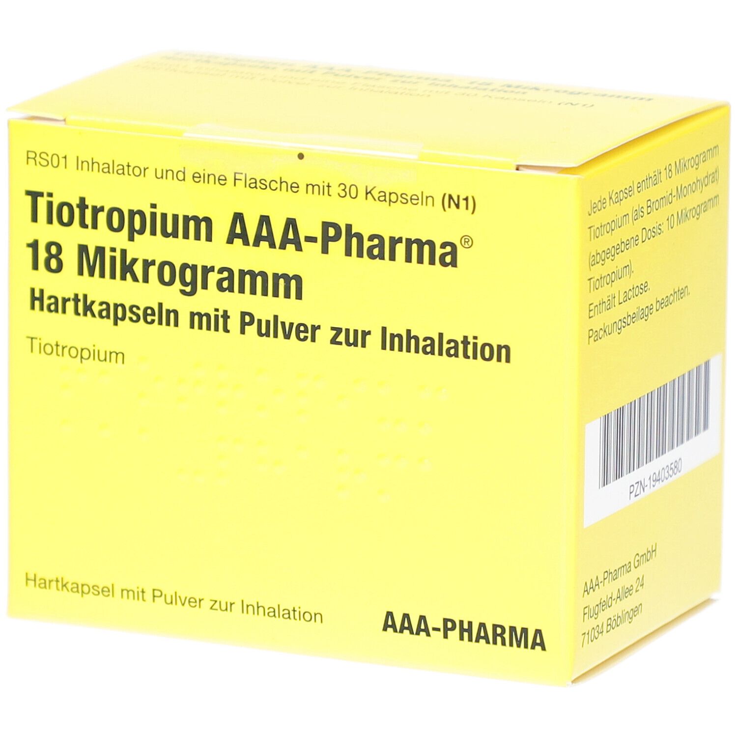 Gelbe Schachtel mit Text: TIOTROPIUM AAA-Pharma 18 Mikrogramm. Enthält Inhalator und 30 Kapseln. Text in Deutsch.