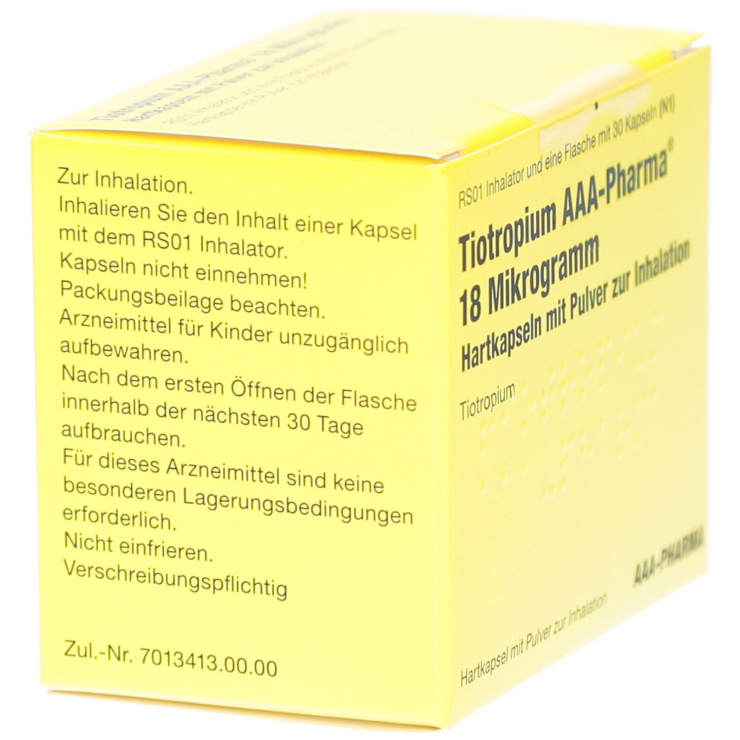 Gelbe Schachtel mit Text: TIOTROPIUM AAA-Pharma 18 Mikrogramm. Enthält Inhalator und 30 Kapseln. Text in Deutsch.