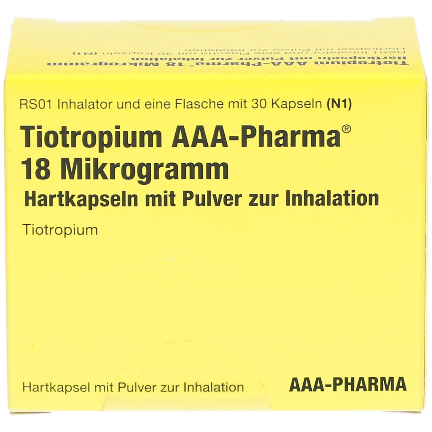 Gelbe Schachtel mit Text: TIOTROPIUM AAA-Pharma 18 Mikrogramm. Enthält Inhalator und 30 Kapseln. Text in Deutsch.