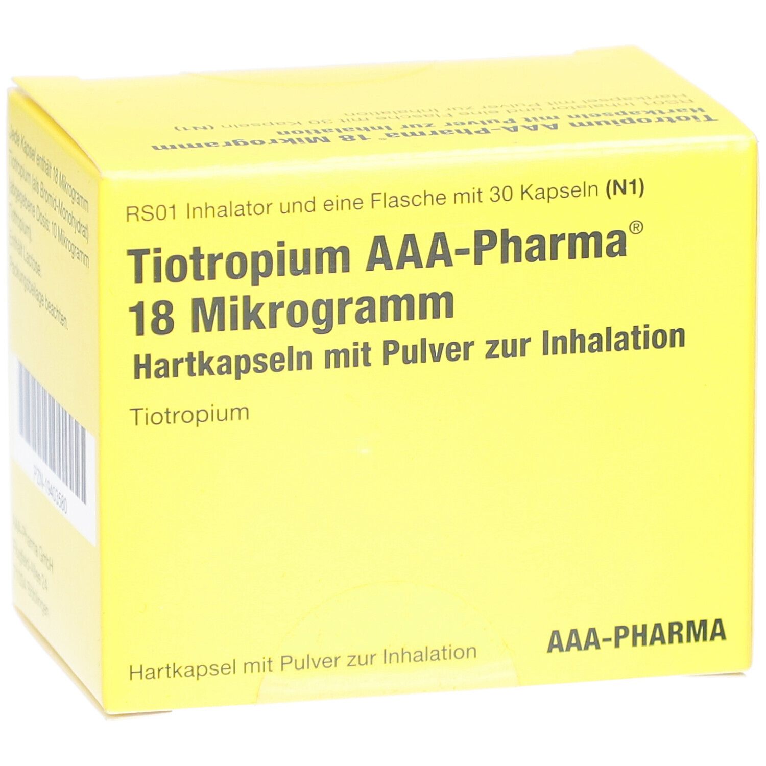 Gelbe Schachtel mit Text: TIOTROPIUM AAA-Pharma 18 Mikrogramm. Enthält Inhalator und 30 Kapseln. Text in Deutsch.