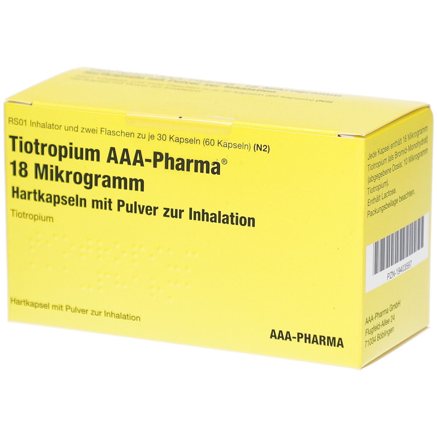 Gelbe Schachtel mit Aufschrift: Tiotropium AAA-Pharma 18 Mikrogramm. Hartkapseln mit Pulver zur Inhalation.