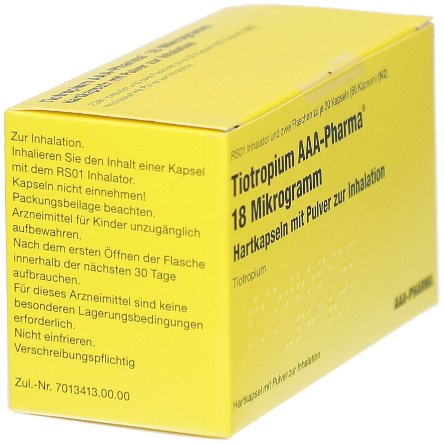 Gelbe Schachtel mit Text. Aufschrift: Tiotropium AAA-Pharma 18 Mikrogramm. Hartkapseln mit Pulver zur Inhalation.