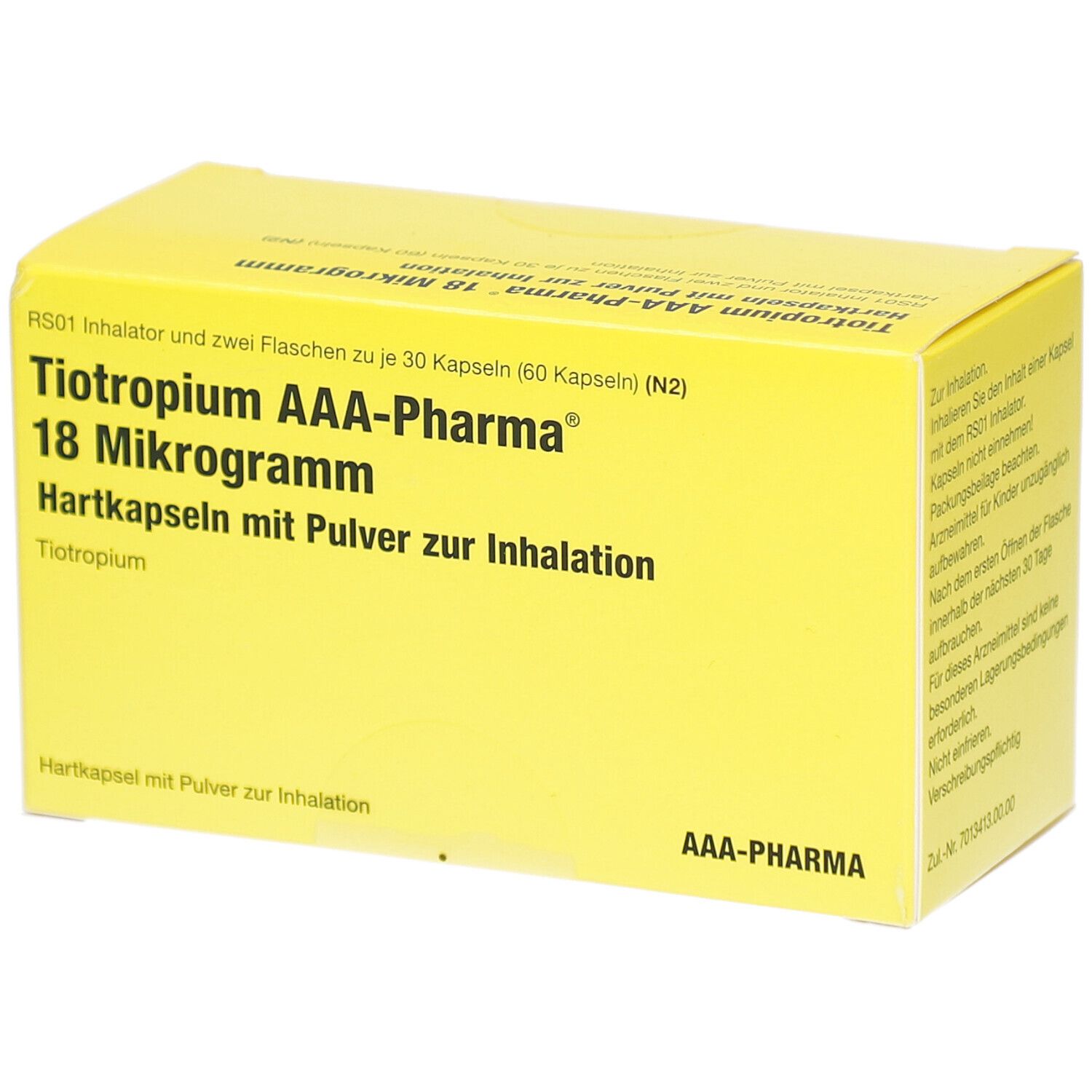 Gelbe Schachtel mit Aufschrift: Tiotropium AAA-Pharma 18 Mikrogramm. Hartkapseln mit Pulver zur Inhalation. AAA-Pharma Logo.