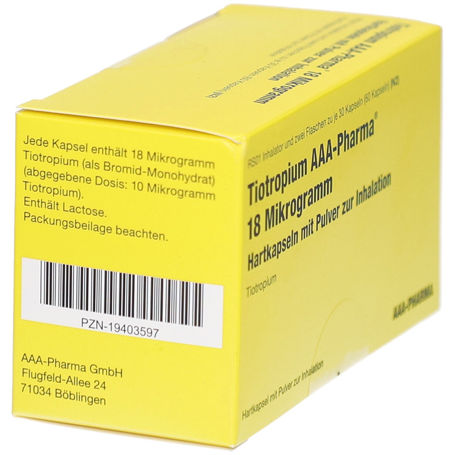 Gelbe Schachtel mit Text und Barcode. Aufschrift: Tiotropium AAA-Pharma 18 Mikrogramm. Hartkapseln mit Pulver zur Inhalation.
