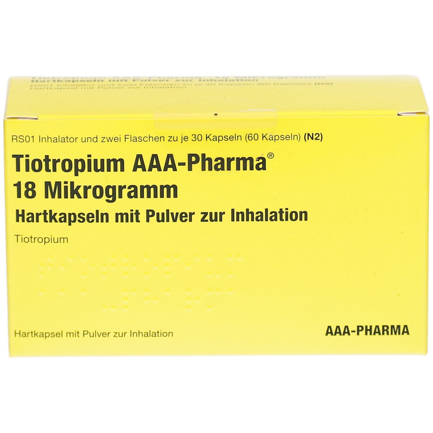 Gelbe Schachtel mit Aufschrift: Tiotropium AAA-Pharma 18 Mikrogramm. Hartkapseln mit Pulver zur Inhalation. AAA-Pharma Logo.