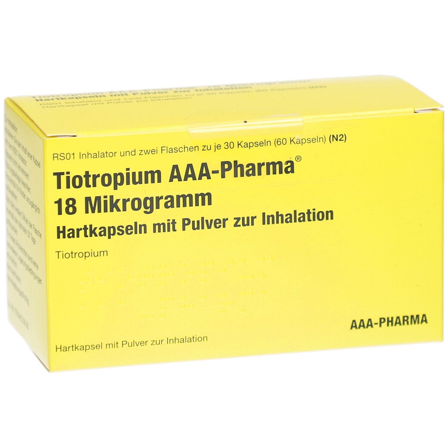 Gelbe Schachtel mit Aufschrift: Tiotropium AAA-Pharma 18 Mikrogramm. Hartkapseln mit Pulver zur Inhalation. AAA-Pharma Logo.