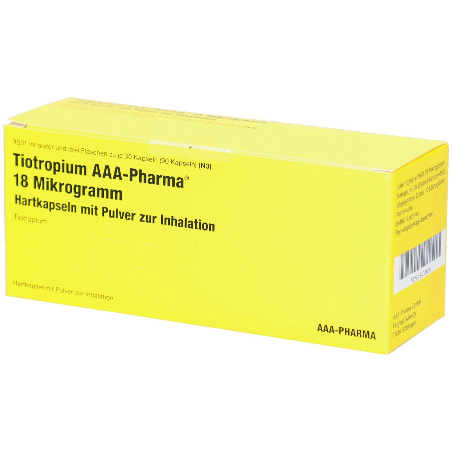 Gelbe Schachtel mit Aufschrift: Tiotropium AAA-Pharma 18 Mikrogramm. Hartkapseln mit Pulver zur Inhalation. AAA-Pharma Logo.