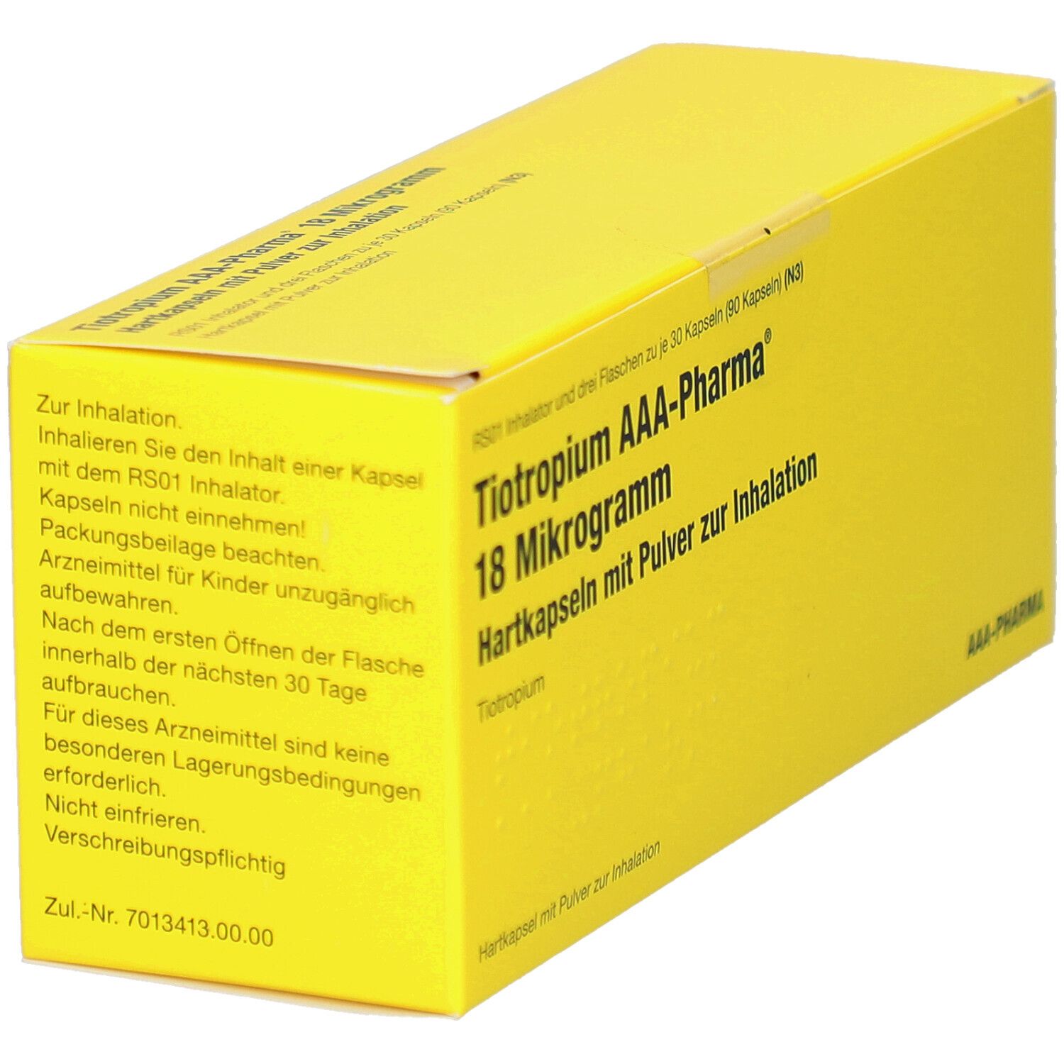 Gelbe Schachtel mit Text: Tiotropium AAA-Pharma 18 Mikrogramm. Hartkapseln mit Pulver zur Inhalation. Gebrauchsanweisung und Zul.-Nr.