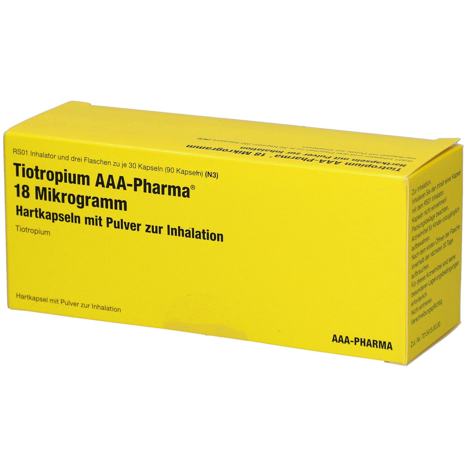 Gelbe Schachtel mit Text: Tiotropium AAA-Pharma 18 Mikrogramm. Hartkapseln mit Pulver zur Inhalation. AAA-Pharma Logo.