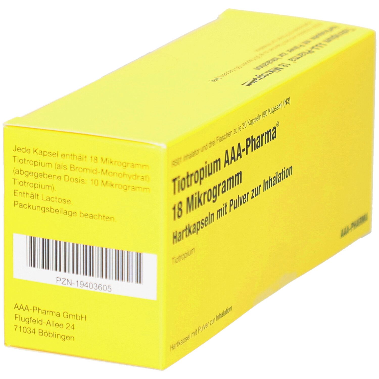 Gelbe Schachtel mit Text: Tiotropium AAA-Pharma 18 Mikrogramm. Hartkapseln mit Pulver zur Inhalation. PZN-Code und Firmenadresse.