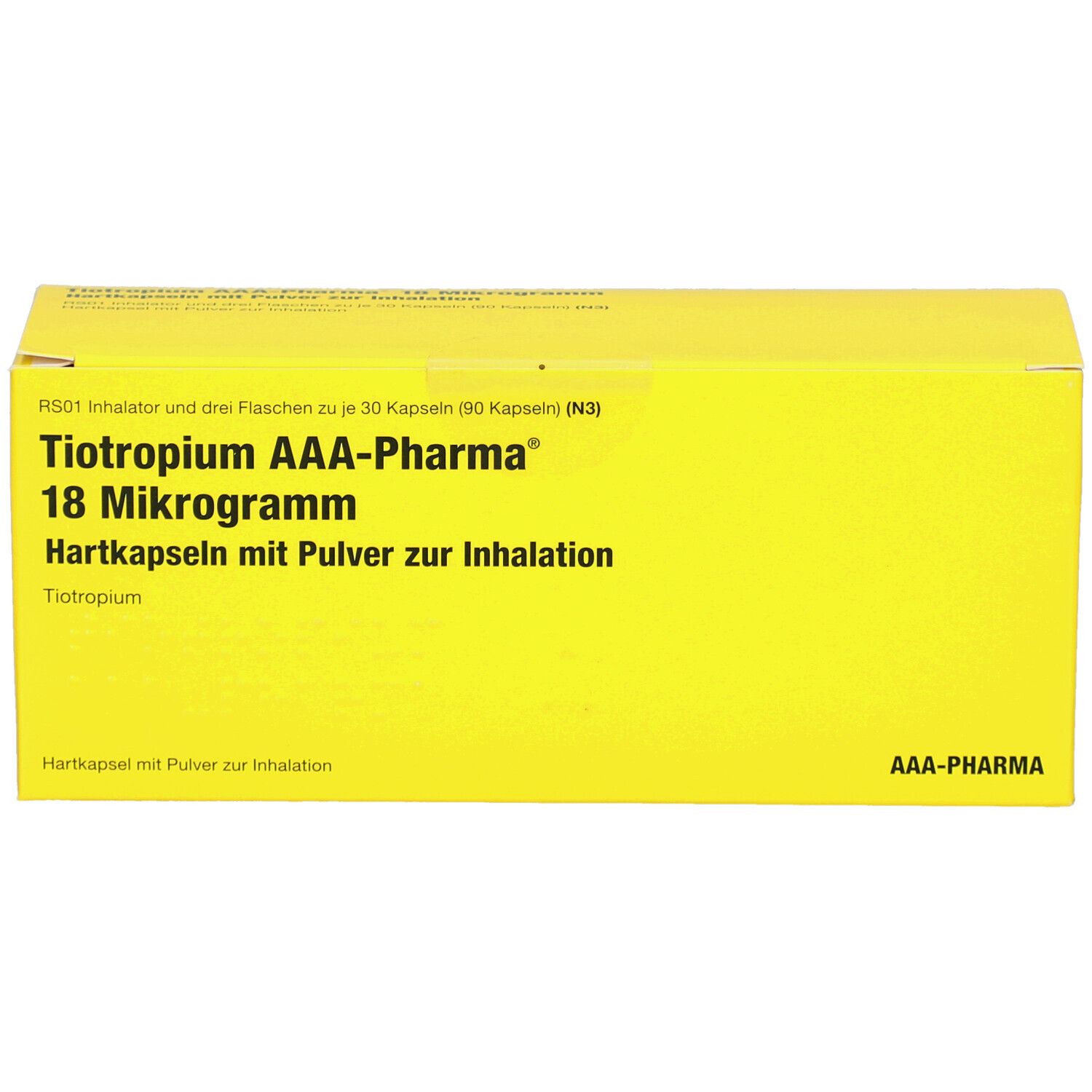Gelbe Schachtel mit Text: Tiotropium AAA-Pharma 18 Mikrogramm. Hartkapseln mit Pulver zur Inhalation. AAA-Pharma Logo.