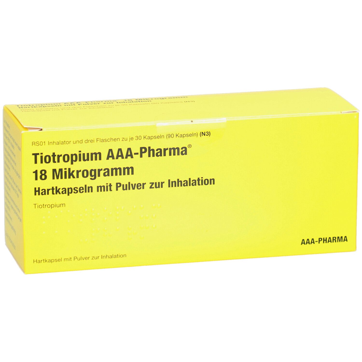 Gelbe Schachtel mit Text: Tiotropium AAA-Pharma 18 Mikrogramm. Hartkapseln mit Pulver zur Inhalation. AAA-Pharma Logo.