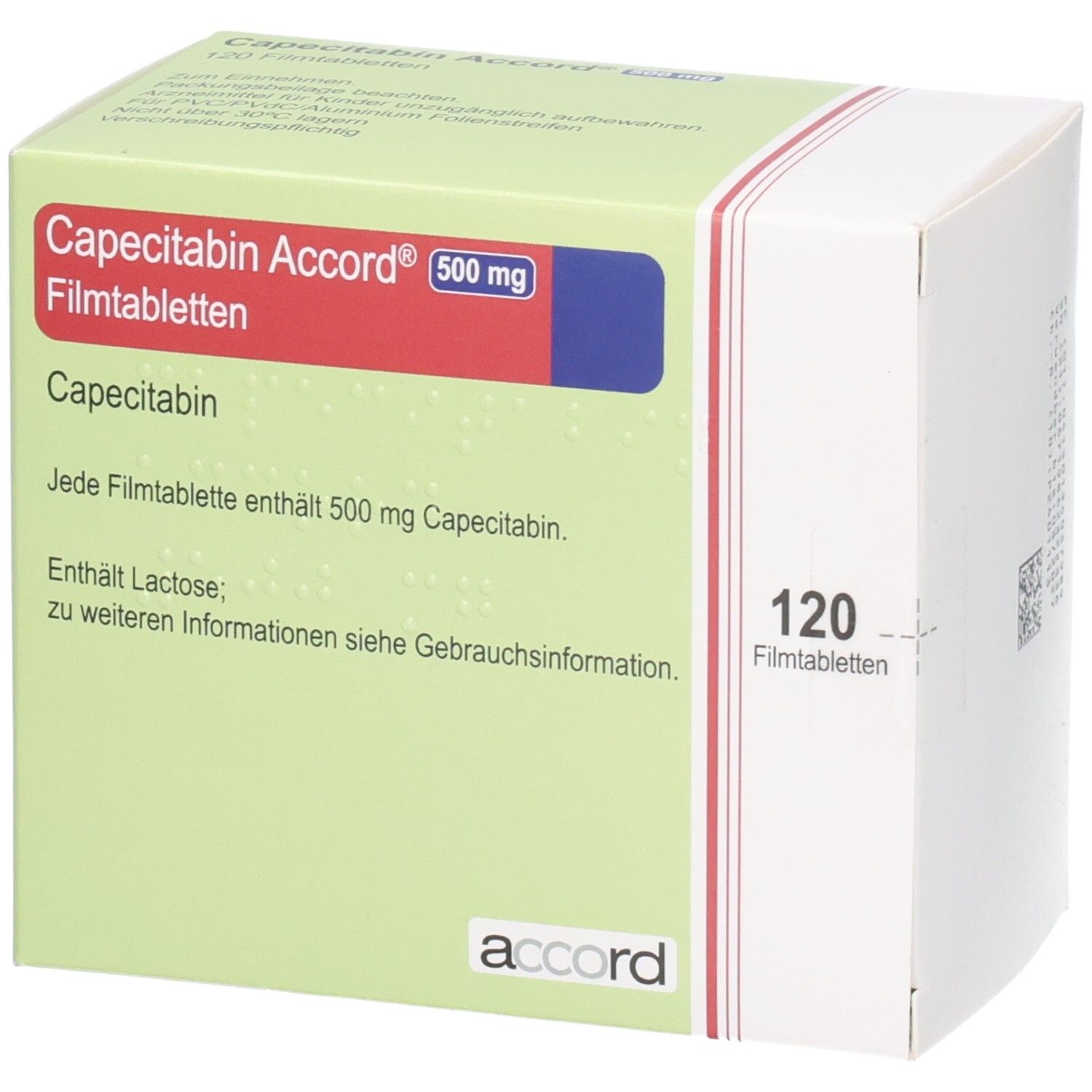 Schachtel mit Capecitabin Accord 500 mg Filmtabletten. Rote und blaue Beschriftung. 120 Tabletten. Accord-Logo.