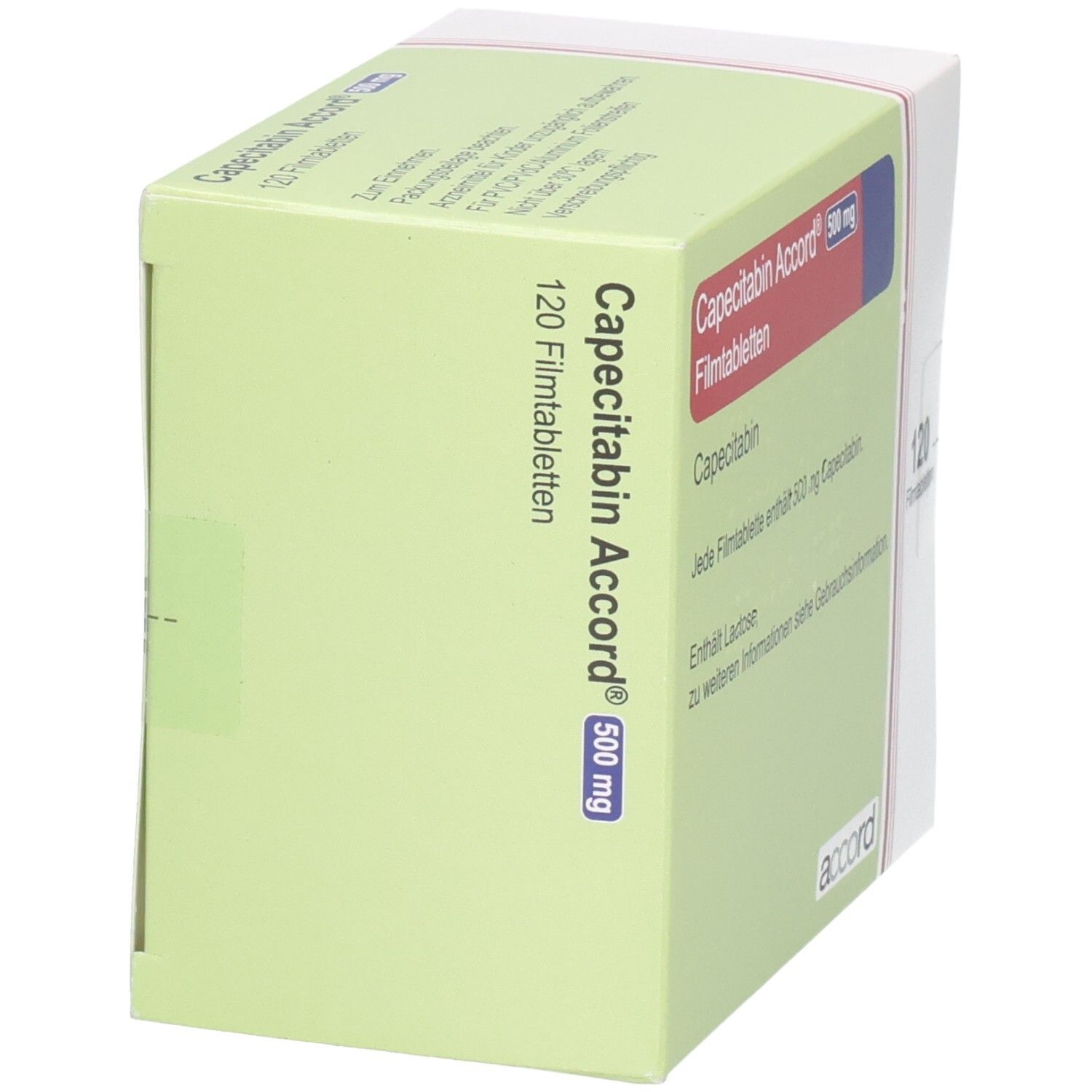 Schachtel Capecitabin Accord 500 mg Filmtabletten. Grüne und rote Beschriftung. 120 Tabletten. Accord-Logo.
