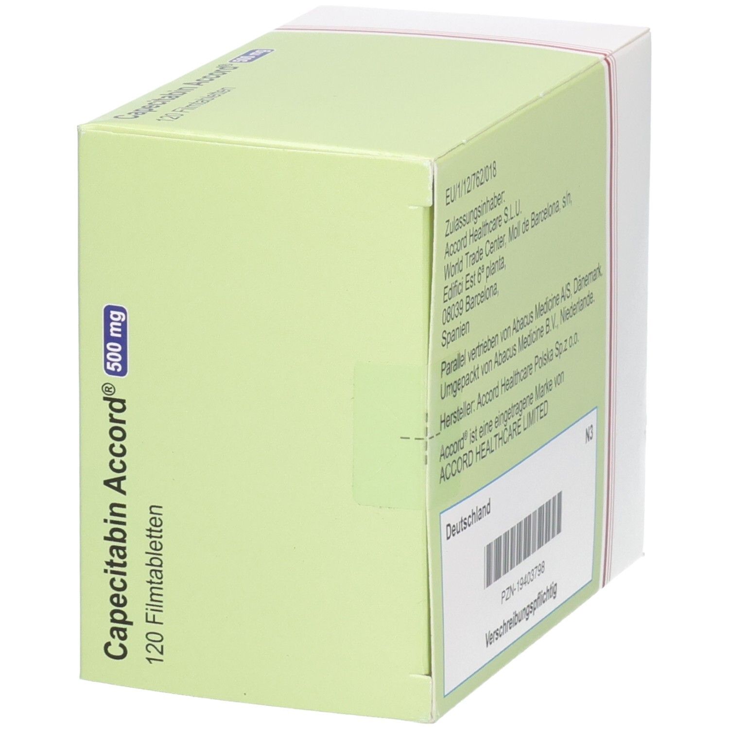 Schachtel Capecitabin Accord 500 mg Filmtabletten. Grüne und rote Beschriftung. 120 Tabletten. Accord-Logo.