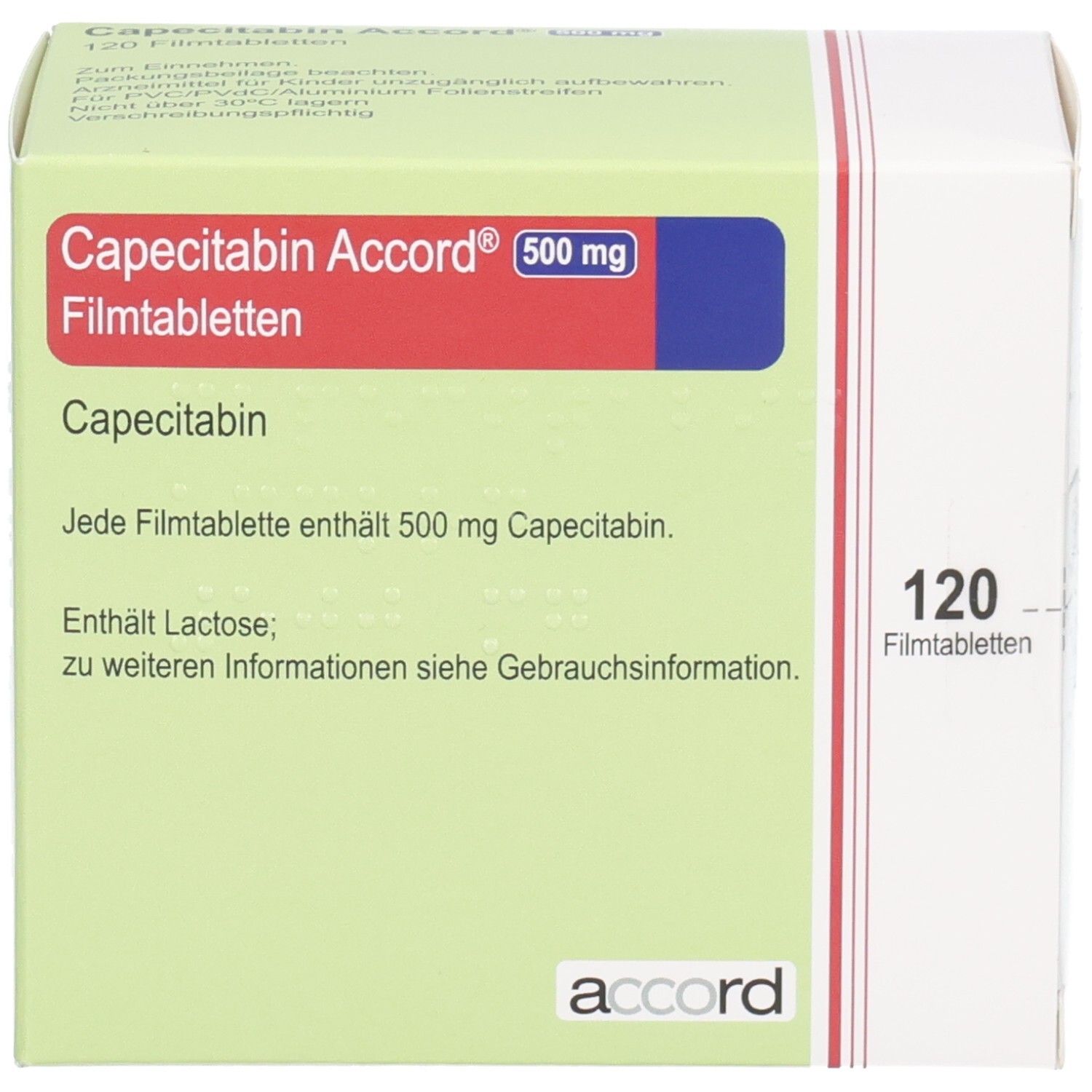 Schachtel mit Capecitabin Accord 500 mg Filmtabletten. Rote und blaue Beschriftung. 120 Tabletten. Accord-Logo.