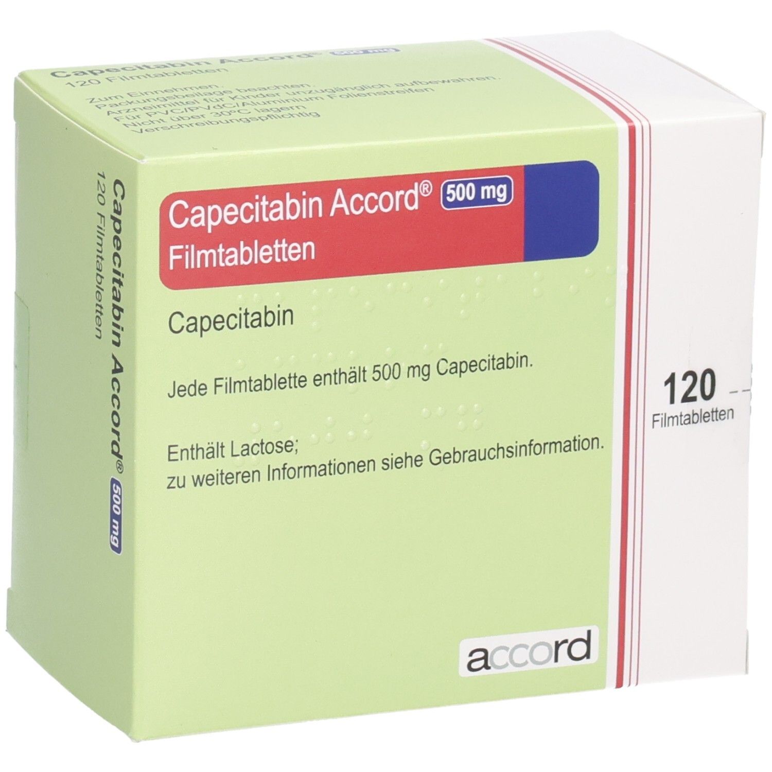 Schachtel mit Capecitabin Accord 500 mg Filmtabletten. Rote und blaue Beschriftung. 120 Tabletten. Accord-Logo.