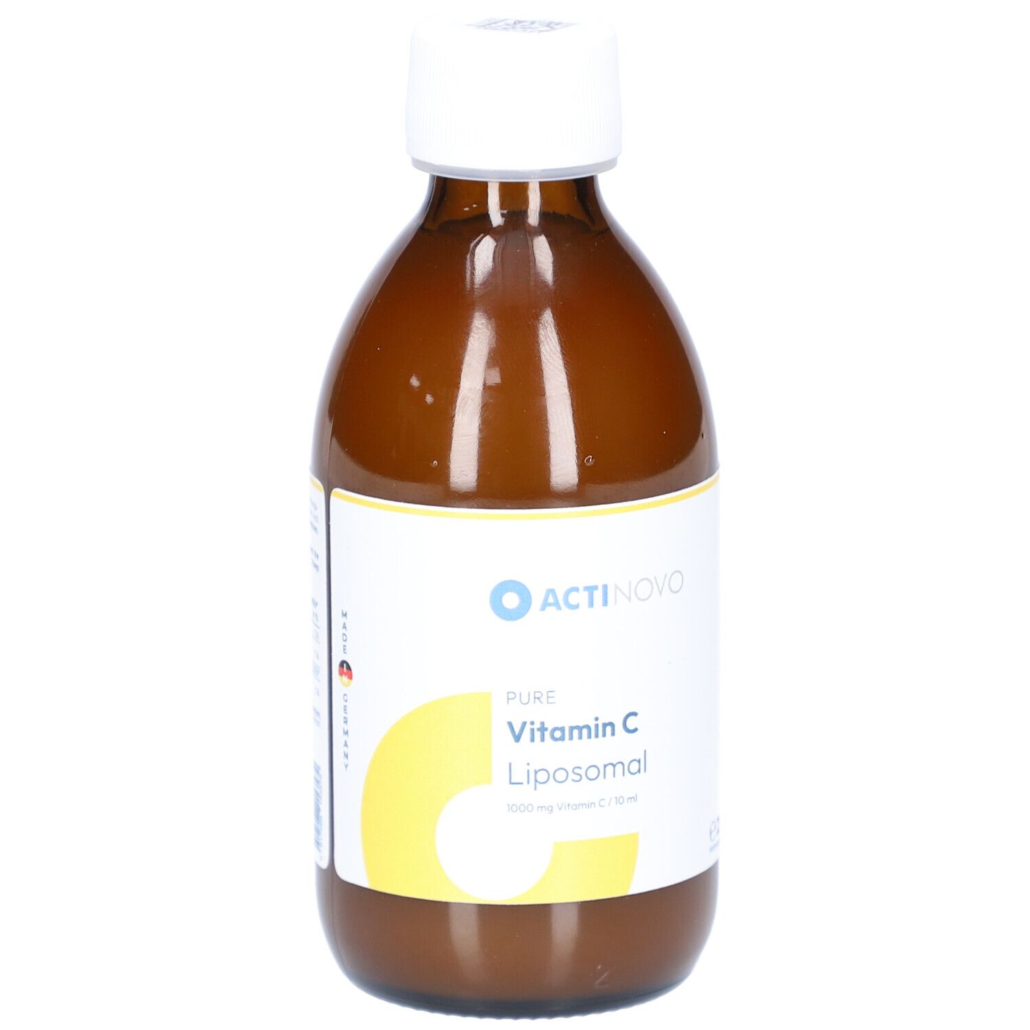 Braune Glasflasche mit weißem Deckel. Etikett mit ACTINOVO-Logo und Text: Pure Vitamin C Liposomal.