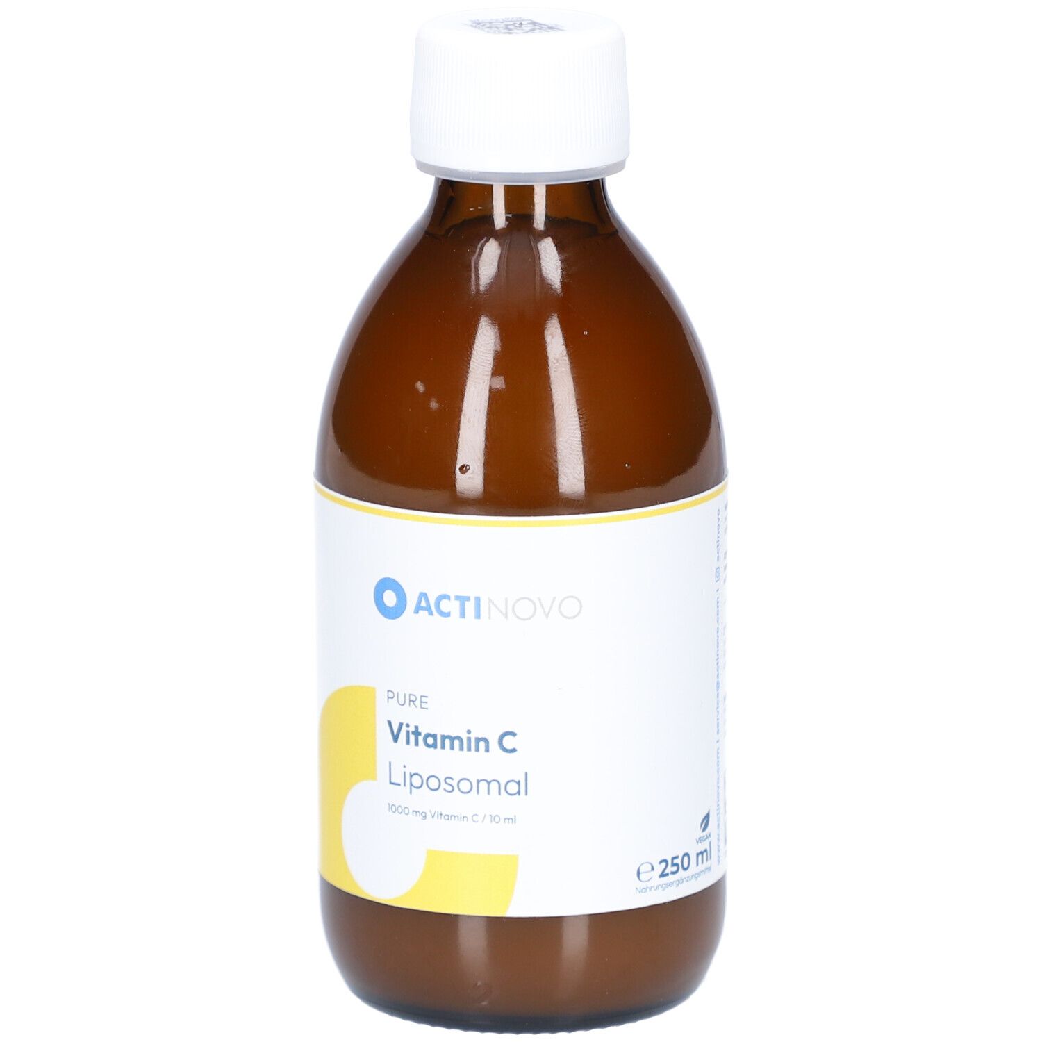 Braune Glasflasche mit weißem Deckel. Etikett mit ACTINOVO-Logo und Text: Pure Vitamin C Liposomal. 250 ml.