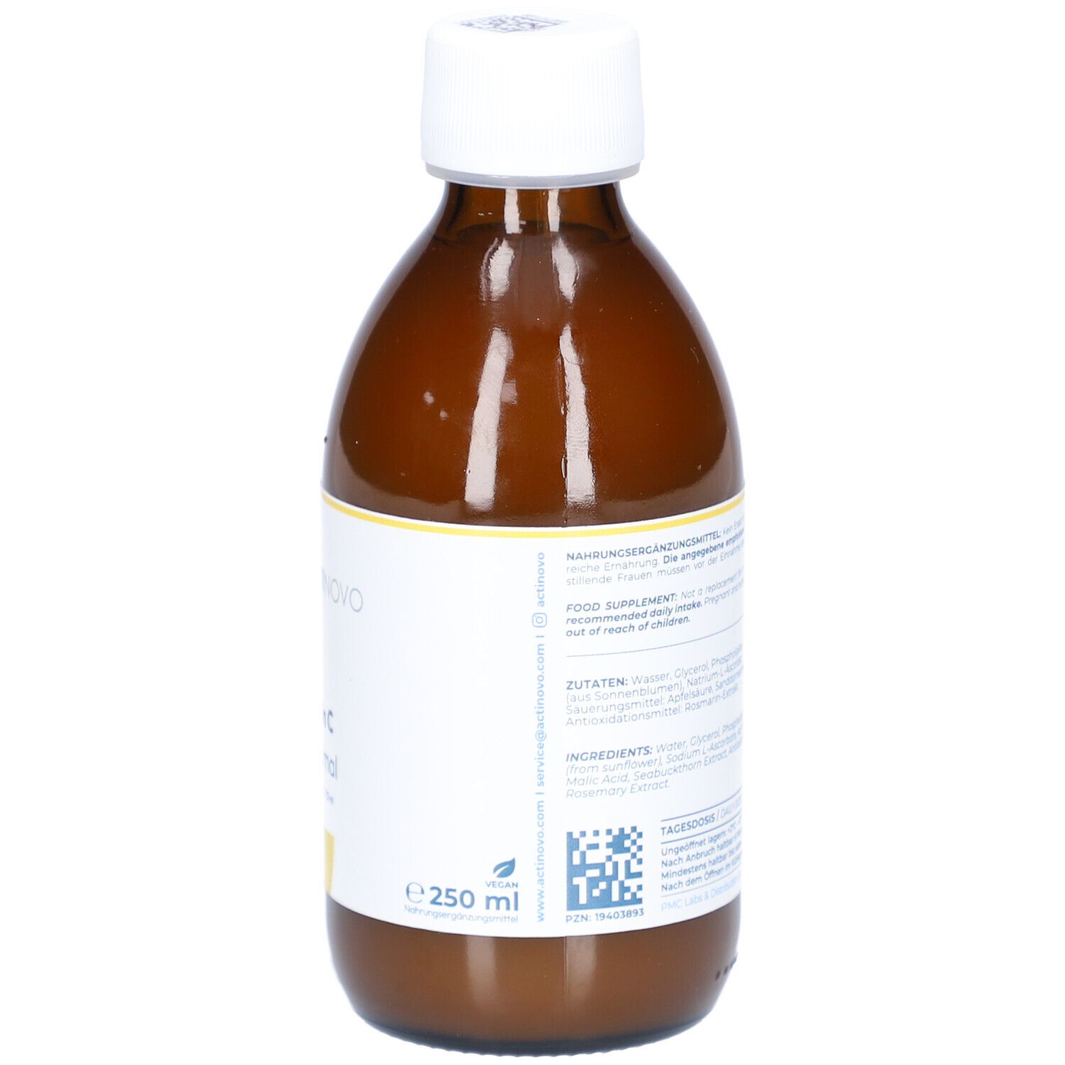 Rückseite einer braunen Glasflasche mit weißem Deckel. Etikett mit Inhaltsstoffen und 250 ml Angabe.