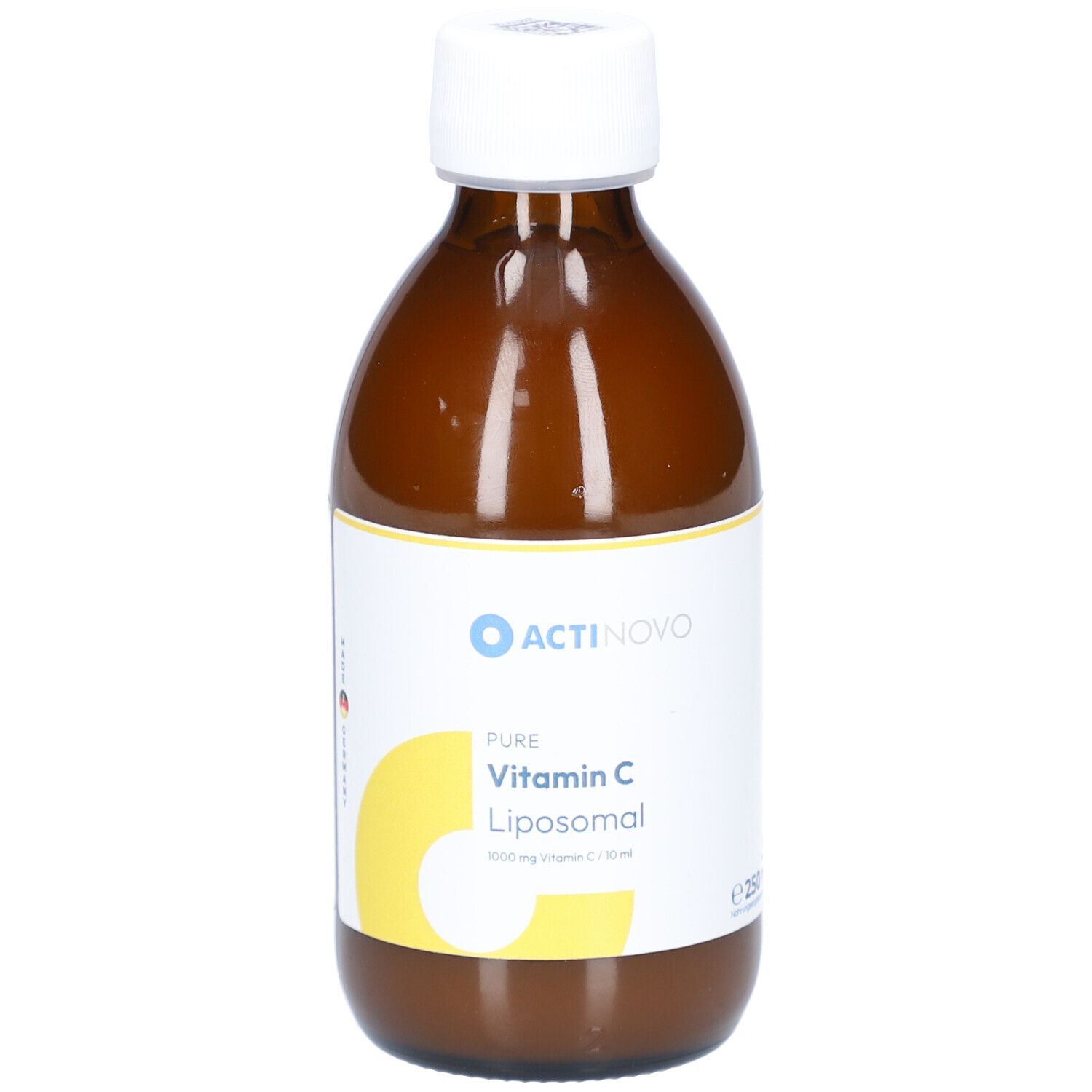 Braune Glasflasche mit weißem Deckel. Etikett mit ACTINOVO-Logo und Text: Pure Vitamin C Liposomal.