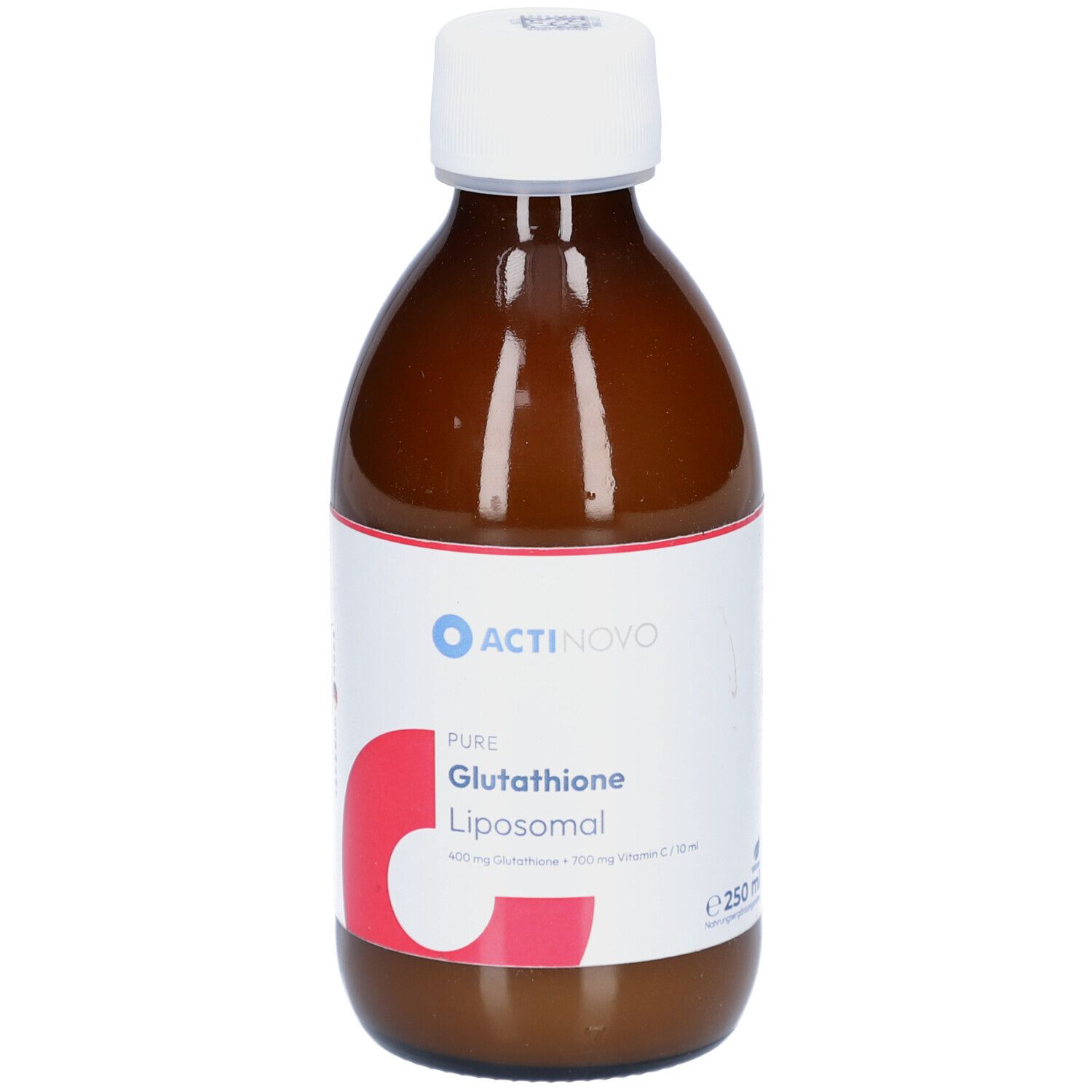 Braune Flasche mit weißem Deckel. Etikett mit ACTINOVO-Logo, Text: Pure Glutathione Liposomal, Vitamin C.