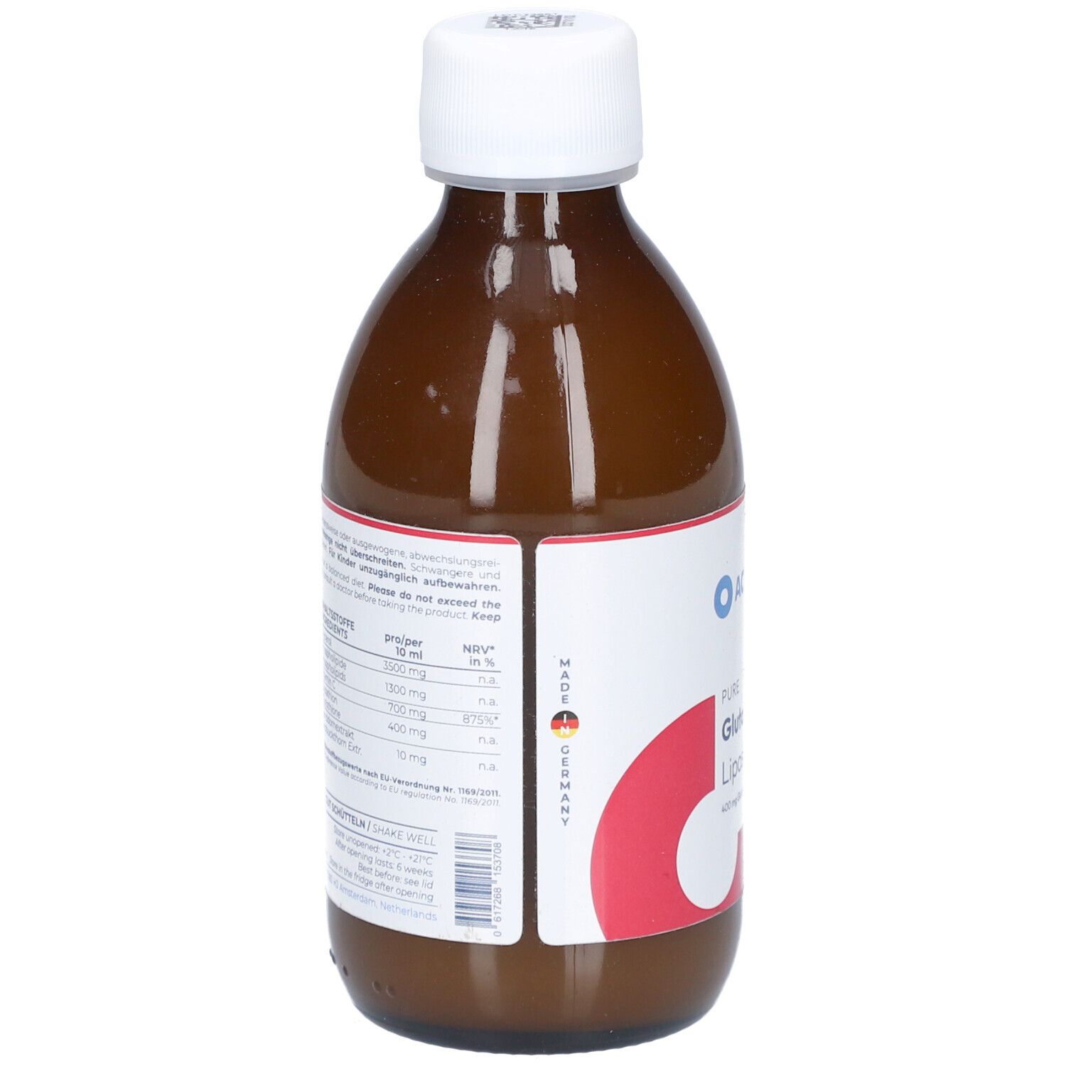 Rückseite der braunen Flasche. Etikett mit Inhaltsstoffen, Nährwertangaben und Herstellerinformationen. Mit deutschem Qualitätssiegel.