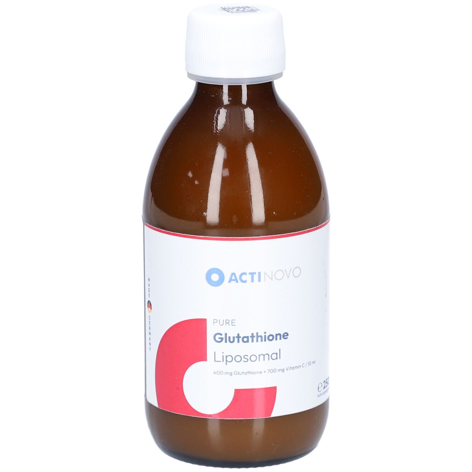 Braune Flasche mit weißem Deckel. Etikett mit ACTINOVO-Logo, Text: Pure Glutathione Liposomal, Vitamin C.