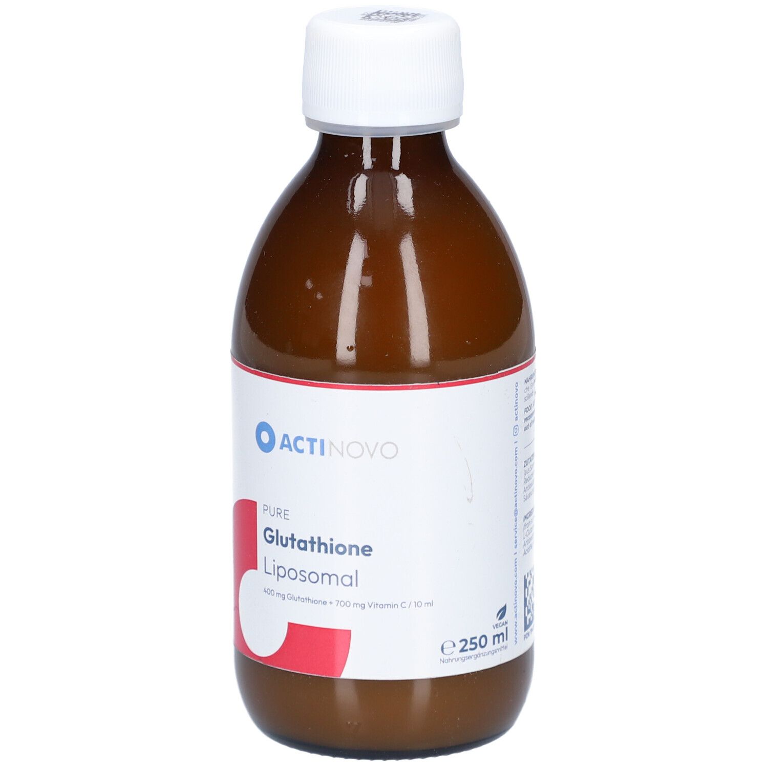 Braune Flasche mit weißem Deckel. Etikett mit ACTINOVO-Logo, Text: Pure Glutathione Liposomal, Vitamin C, 250 ml.