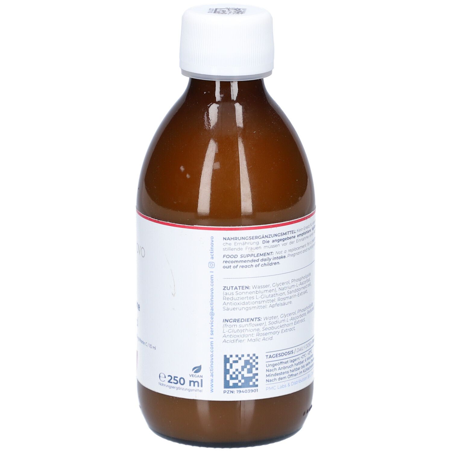 Rückseite der braunen Flasche. Etikett mit Inhaltsstoffen, Nährwertangaben und Herstellerinformationen. 250 ml.