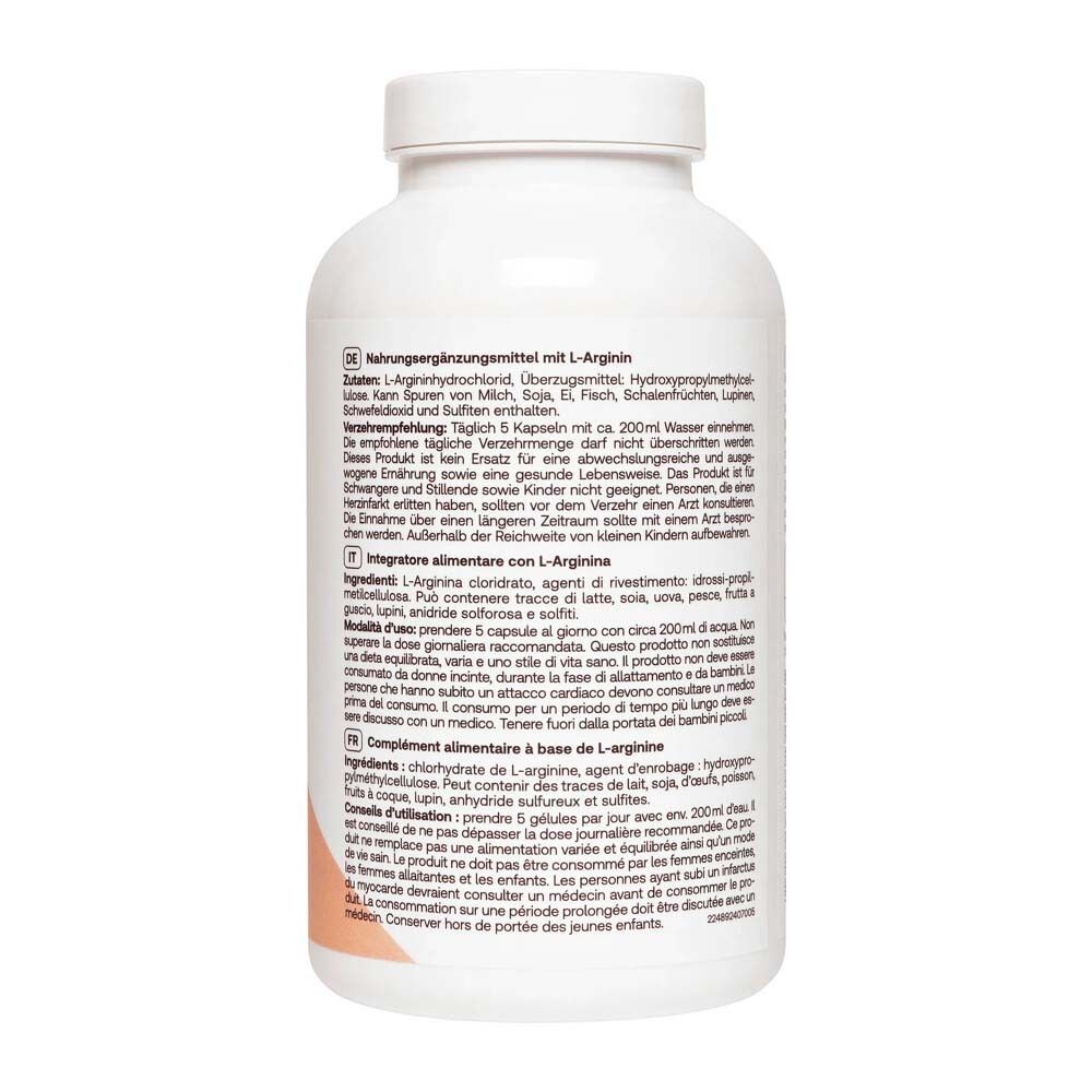 Rückseite der Flasche Redcare L-Arginin. Text in Deutsch, Italienisch, Niederländisch und Französisch. Inhaltsstoffe und Anwendung.