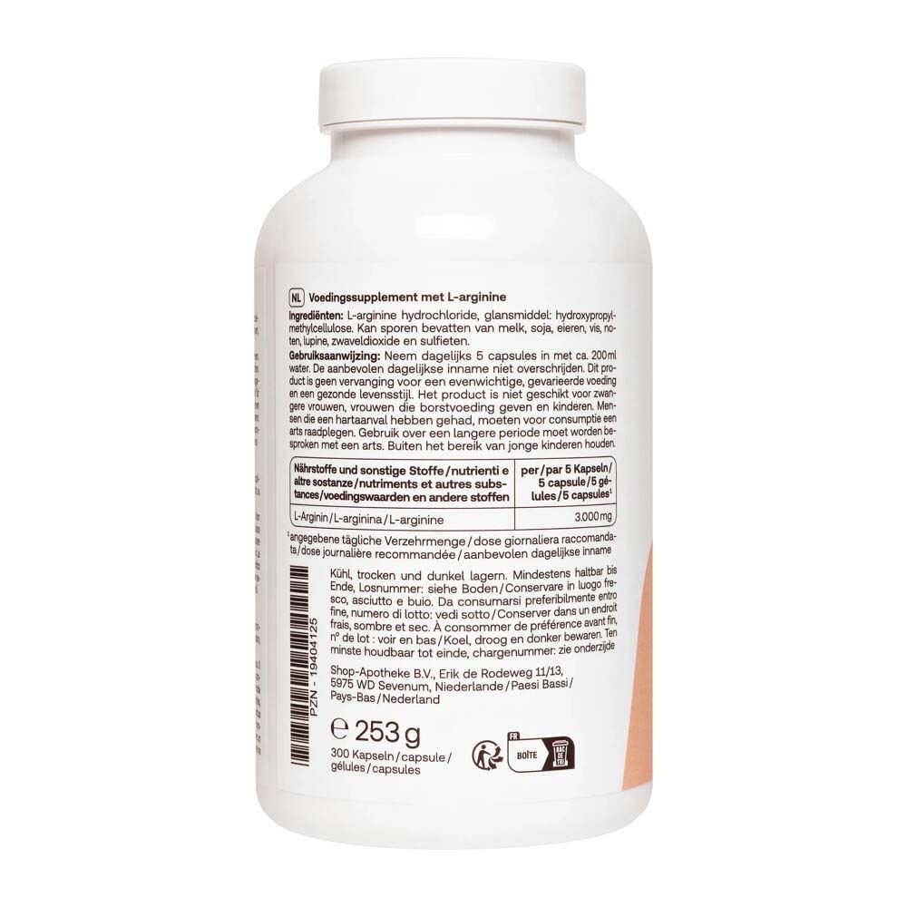 Rückseite der Flasche Redcare L-Arginin. Text in Deutsch, Italienisch, Niederländisch und Französisch. Inhaltsstoffe und Anwendung.