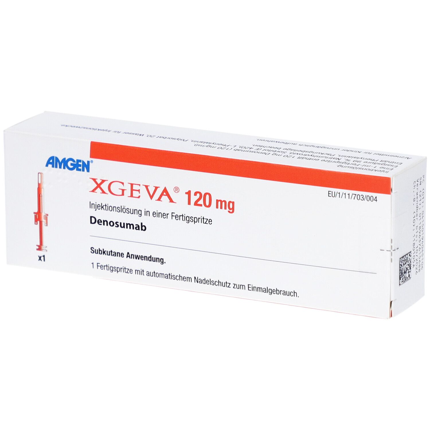 Weiße Schachtel mit roter Schrift. Aufschrift: XGEVA 120 mg. Injektionslösung in Fertigspritze. Amgen.